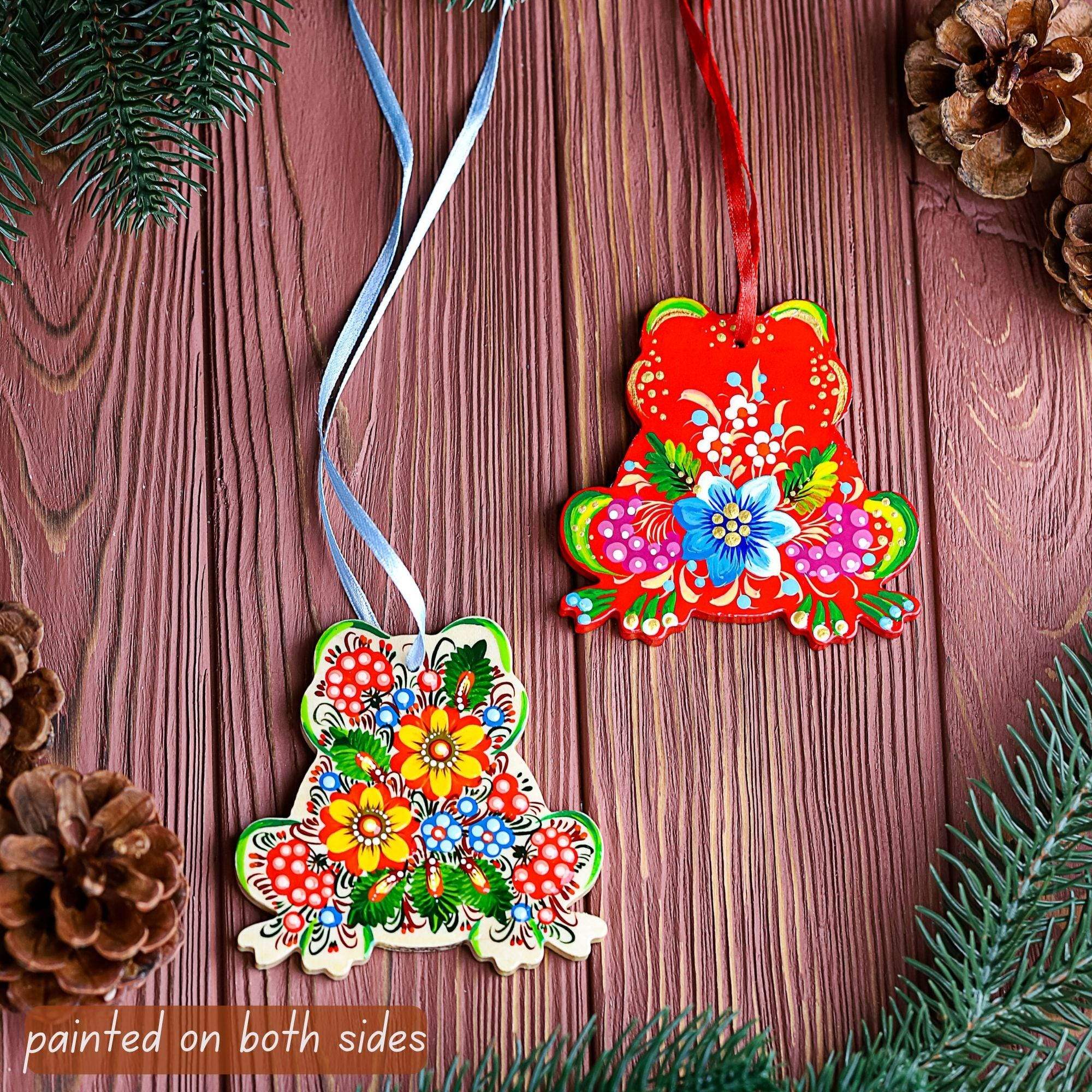 Hand-painted Wooden Frog Christmas Ornament - Ukrainian Petrykivka Folk Art Tree Decoration