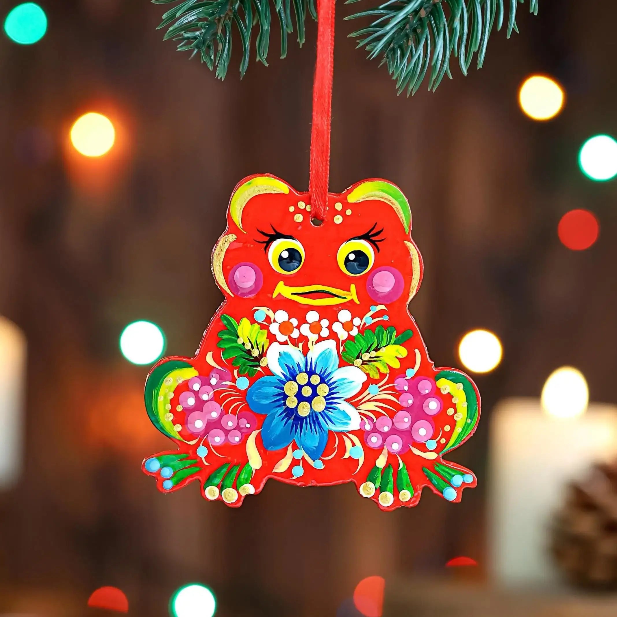 Hand-painted Wooden Frog Christmas Ornament - Ukrainian Petrykivka Folk Art Tree Decoration