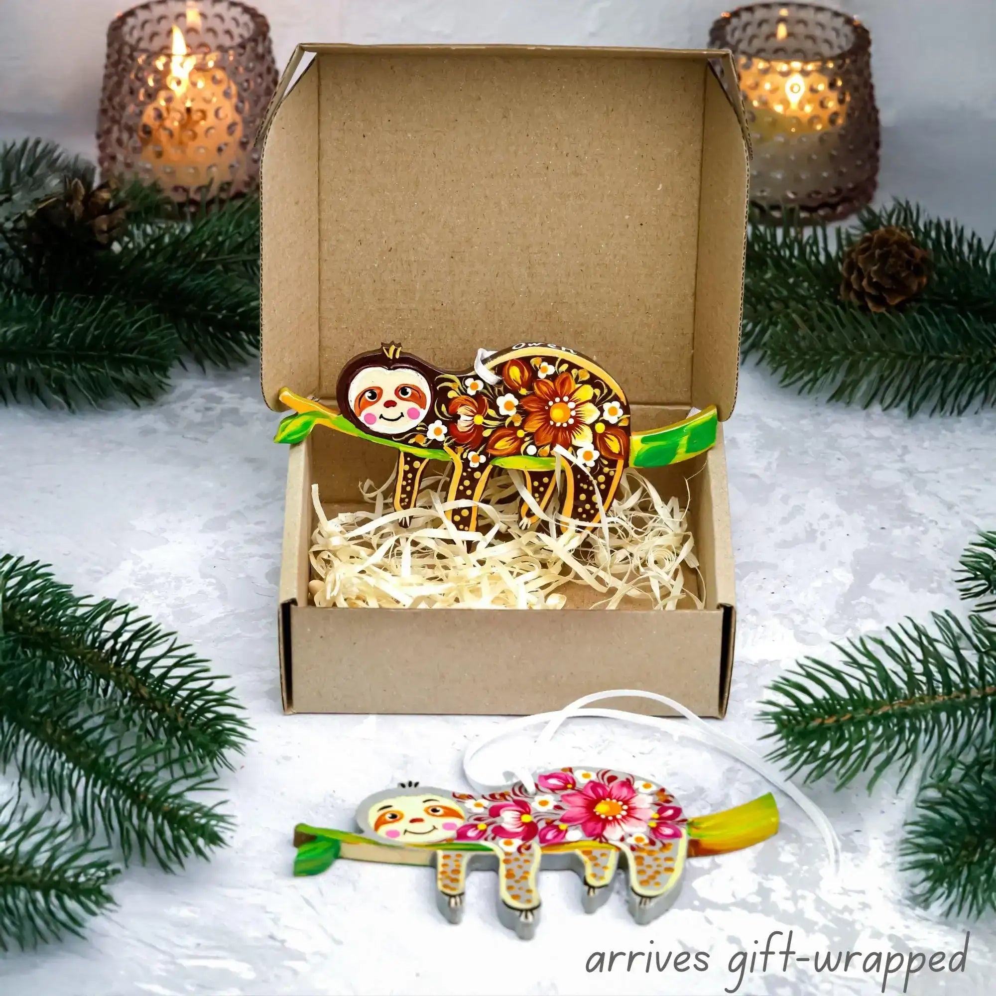 Hand-painted Wooden Sloth Christmas Ornament with Pink & Gray Flowers - Ukrainian Petrykivka Folk Art Tree Decoration, Personalized Gift