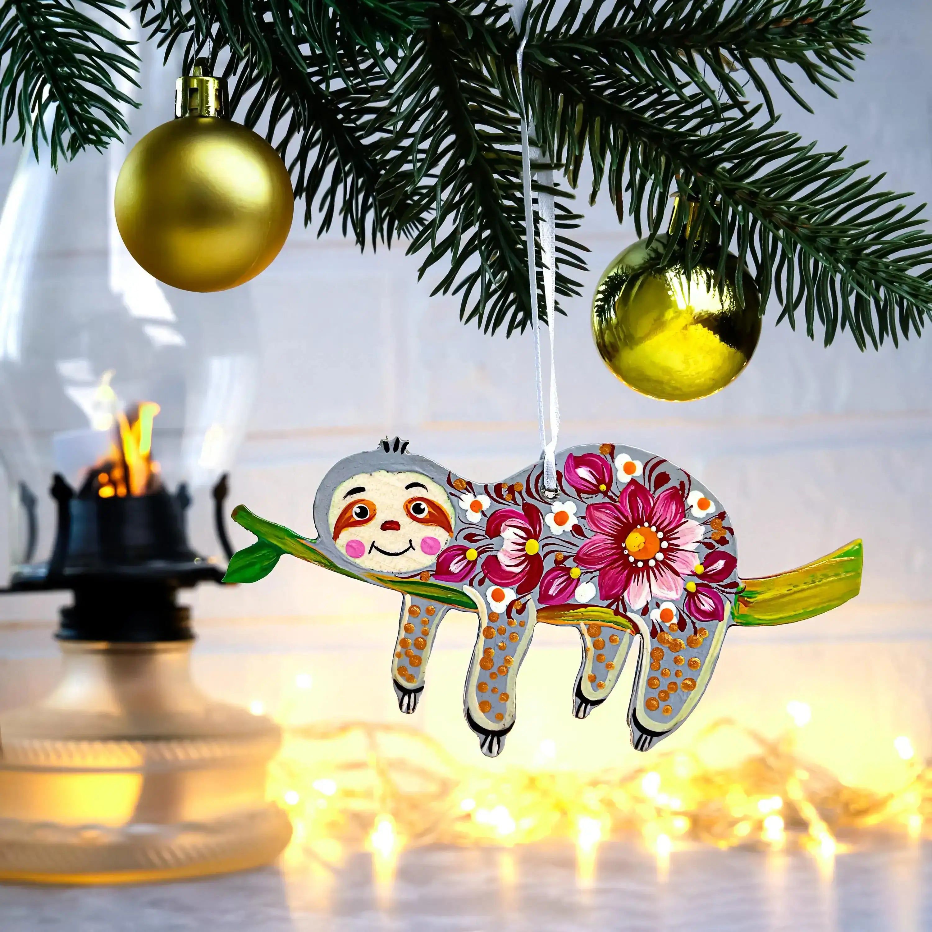 Hand-painted Wooden Sloth Christmas Ornament - Ukrainian Petrykivka Folk Art Tree Decoration, Personalized Gift