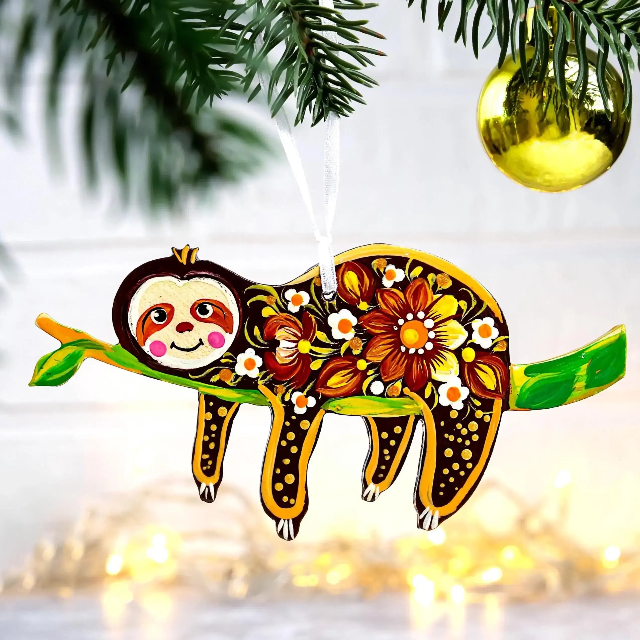 Hand-painted Wooden Sloth Christmas Ornament - Ukrainian Petrykivka Folk Art Tree Decoration, Personalized Gift