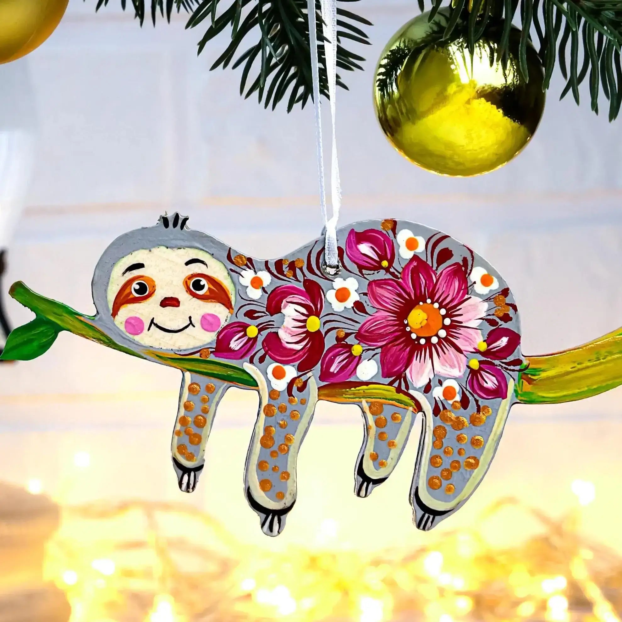 Hand-painted Wooden Sloth Christmas Ornament with Pink & Gray Flowers - Ukrainian Petrykivka Folk Art Tree Decoration, Personalized Gift