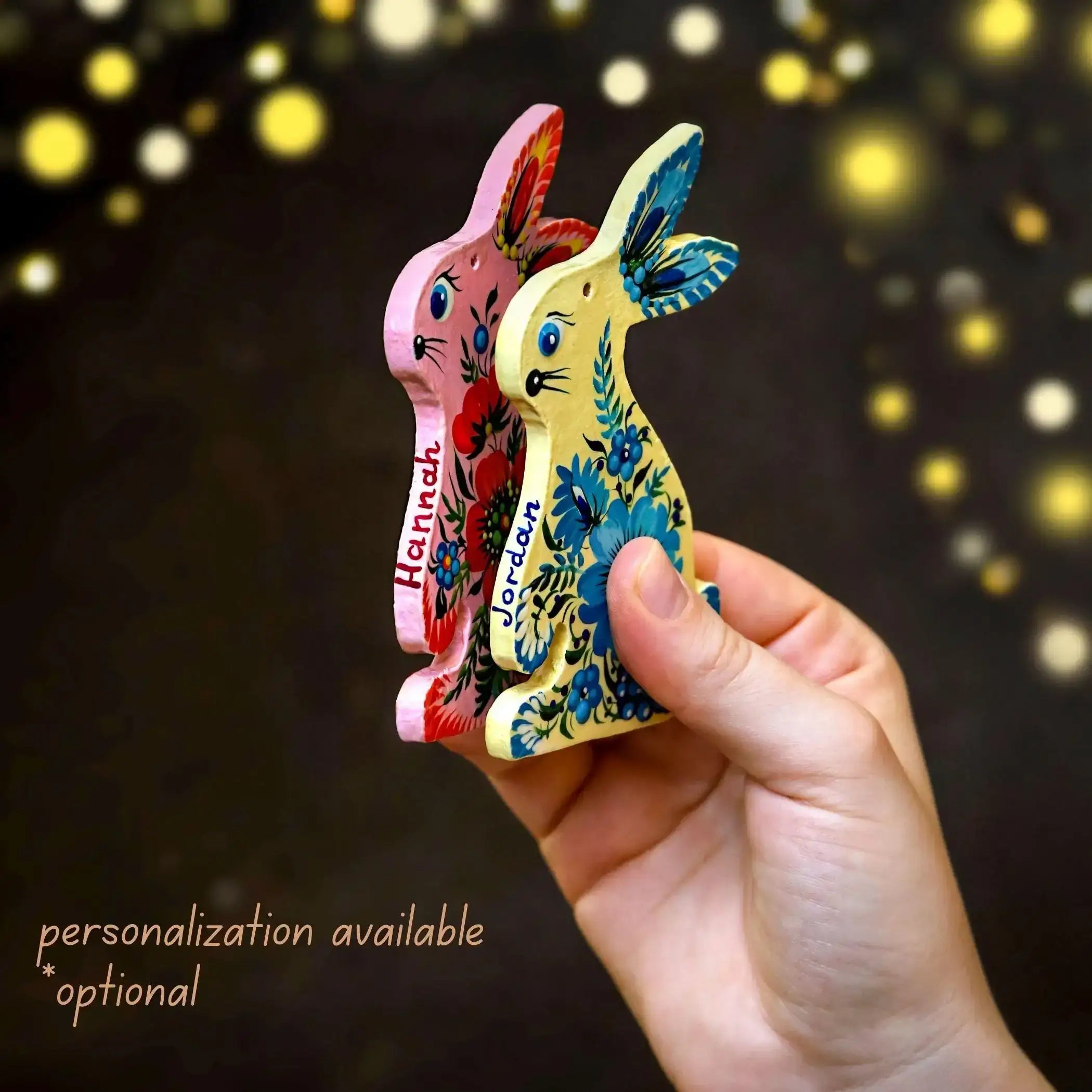 Painted Wooden Bunny Christmas Ornament - Ukrainian Petrykivka Folk Art Christmas Tree Decoration, Personalized Gift