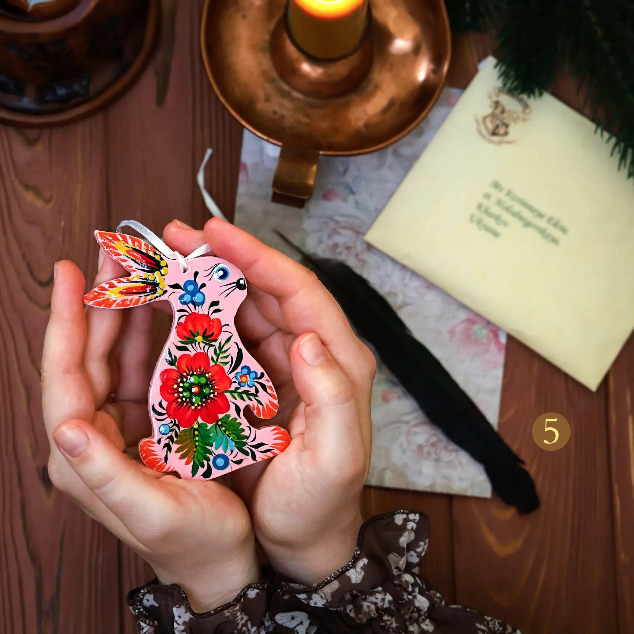 Painted Wooden Bunny Christmas Ornament - Ukrainian Petrykivka Folk Art Christmas Tree Decoration, Personalized Gift