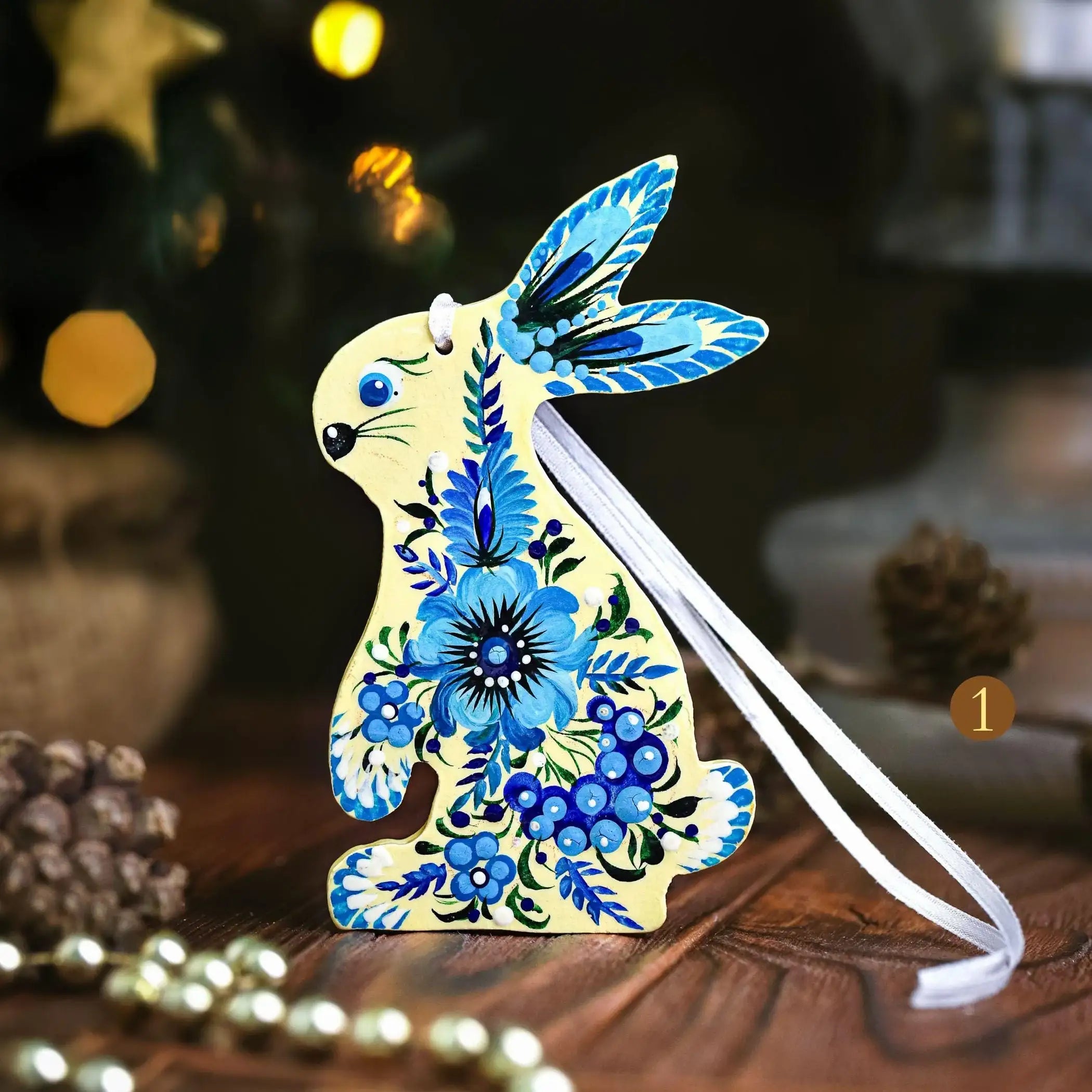 Painted Wooden Bunny Christmas Ornament - Ukrainian Petrykivka Folk Art Christmas Tree Decoration, Personalized Gift
