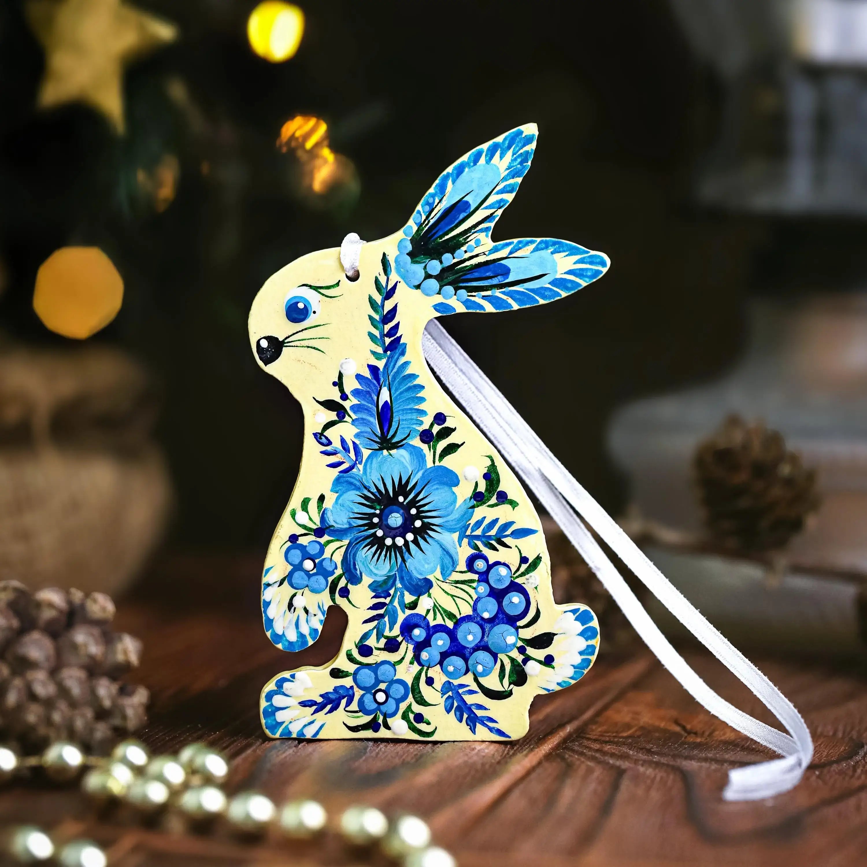 Painted Wooden Bunny Christmas Ornament - Ukrainian Petrykivka Folk Art Christmas Tree Decoration, Personalized Gift