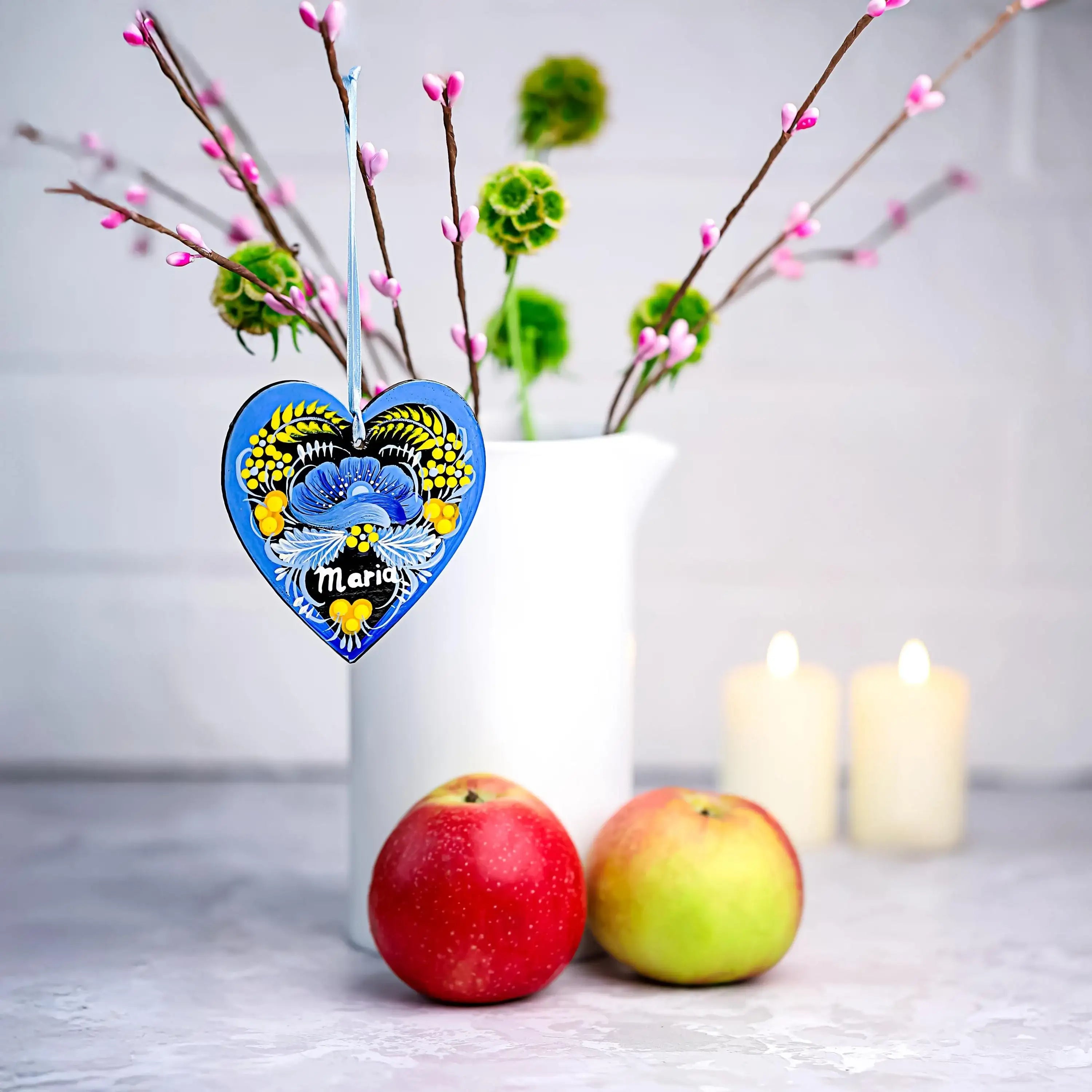 Personalized Heart Christmas Ornament - Hand-painted Wooden Ukrainian Petrykivka Folk Art Christmas Tree Decoration