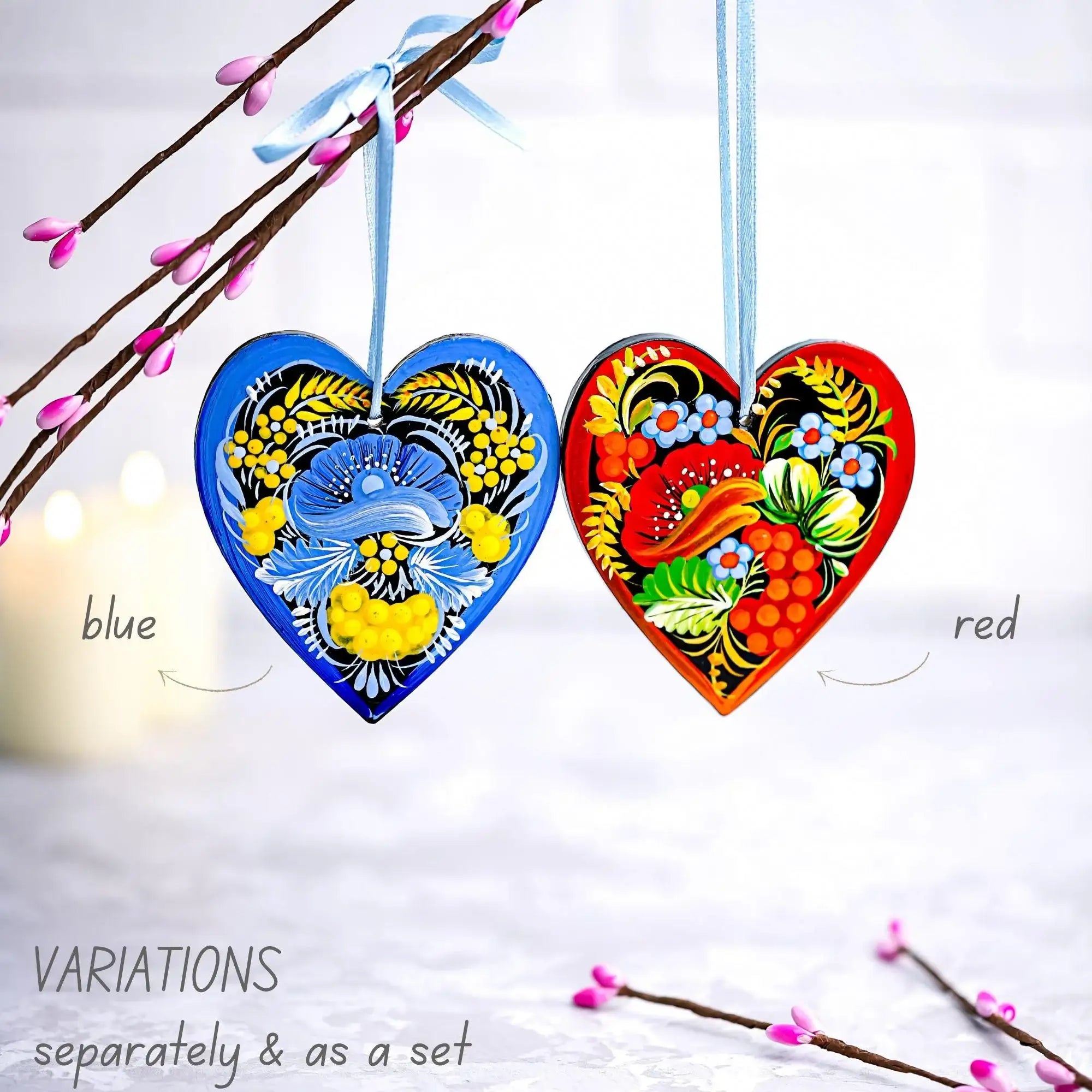 Personalized Heart Christmas Ornament - Hand-painted Wooden Ukrainian Petrykivka Folk Art Christmas Tree Decoration