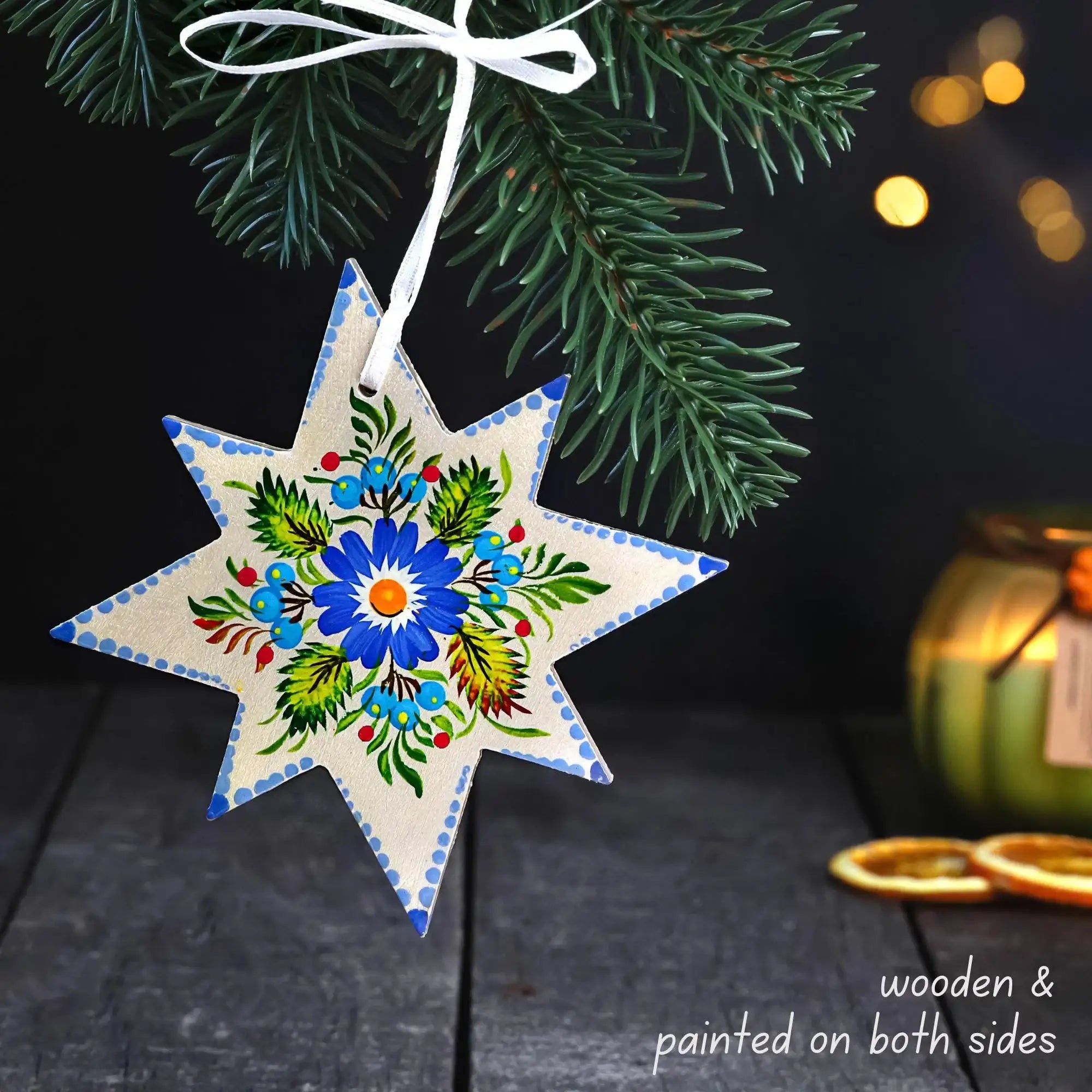 Painted Wooden Star Christmas Ornament - Ukrainian Petrykivka Folk Art Tree Decoration, Personalized Gift