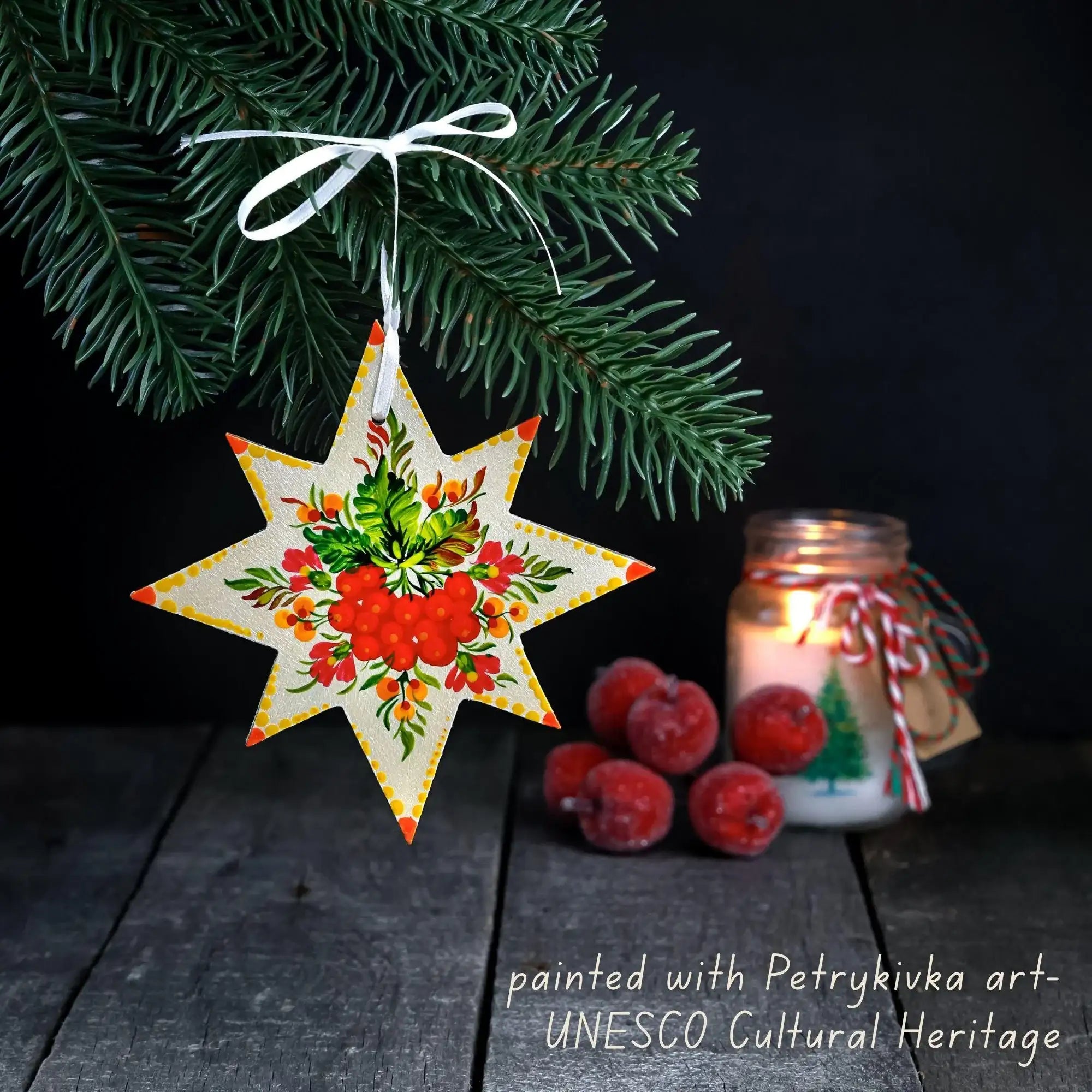Painted Wooden Star Christmas Ornament - Ukrainian Petrykivka Folk Art Tree Decoration, Personalized Gift