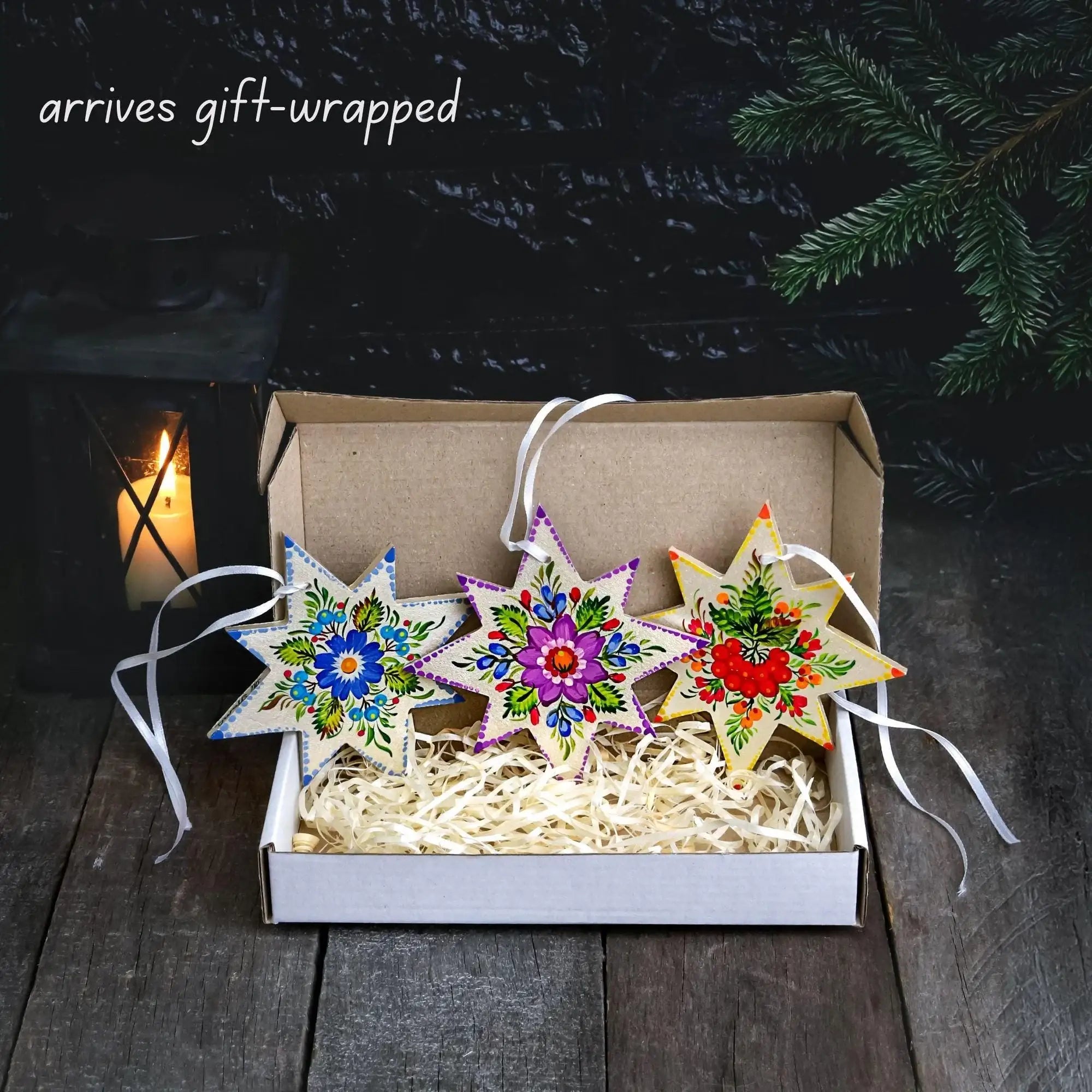 Painted Wooden Star Christmas Ornament - Ukrainian Petrykivka Folk Art Tree Decoration, Handmade Red & Green Flower Star