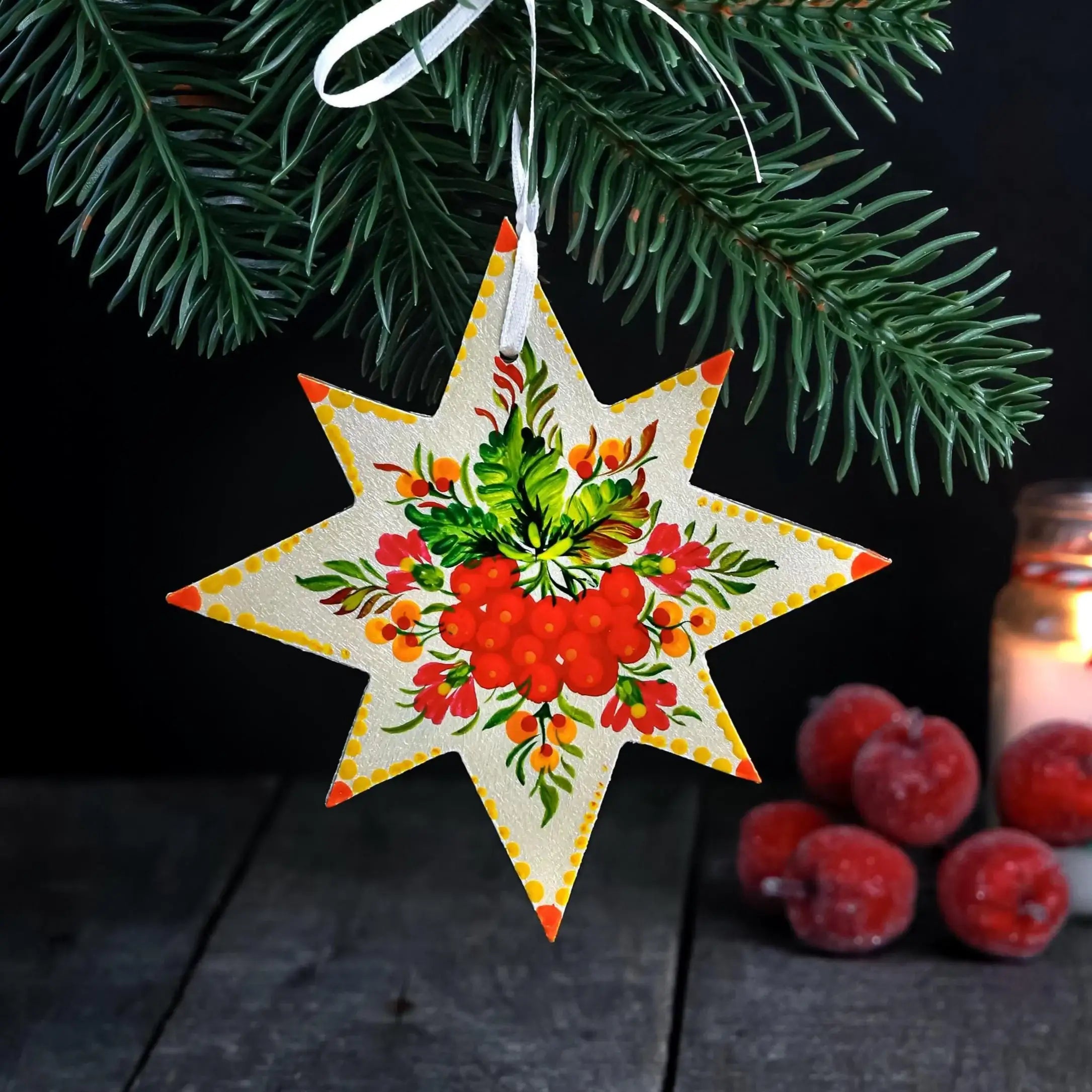 Painted Wooden Star Christmas Ornament - Ukrainian Petrykivka Folk Art Tree Decoration, Handmade Red & Green Flower Star