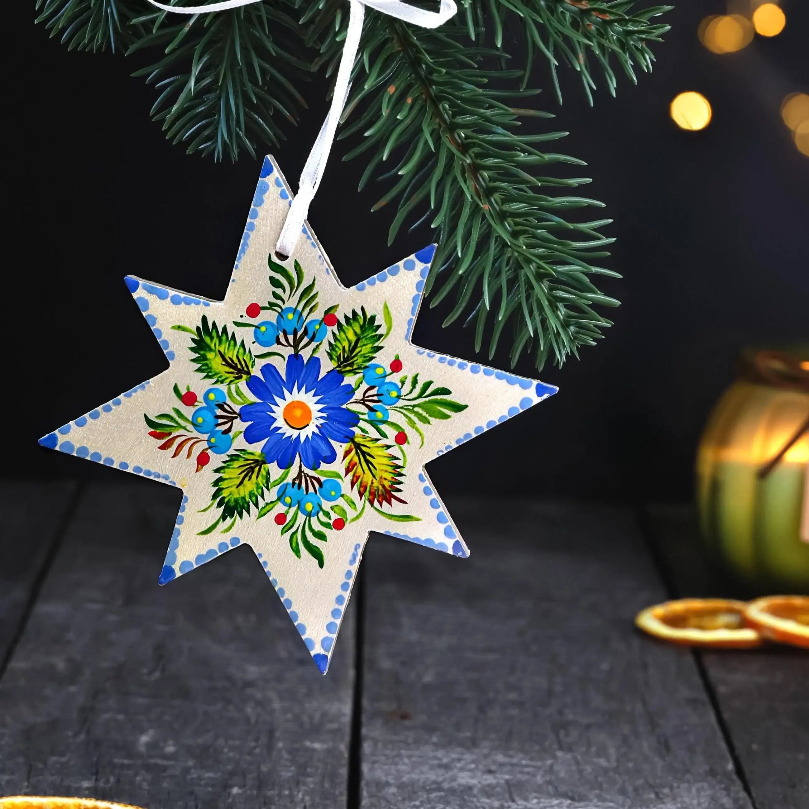 Painted Wooden Star Christmas Ornament - Ukrainian Petrykivka Folk Art Tree Decoration, Handmade Blue Flower Star