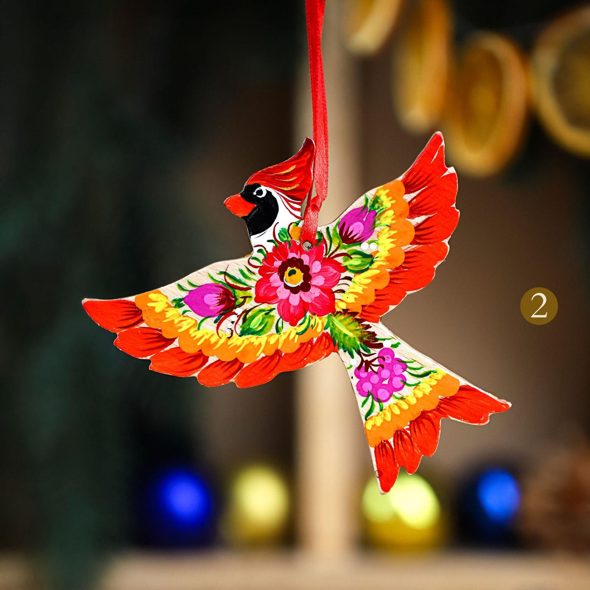 Painted Cardinal Christmas Ornament - Hand-painted Wooden Bird Tree Decoration with Ukrainian Petrykivka Folk Art