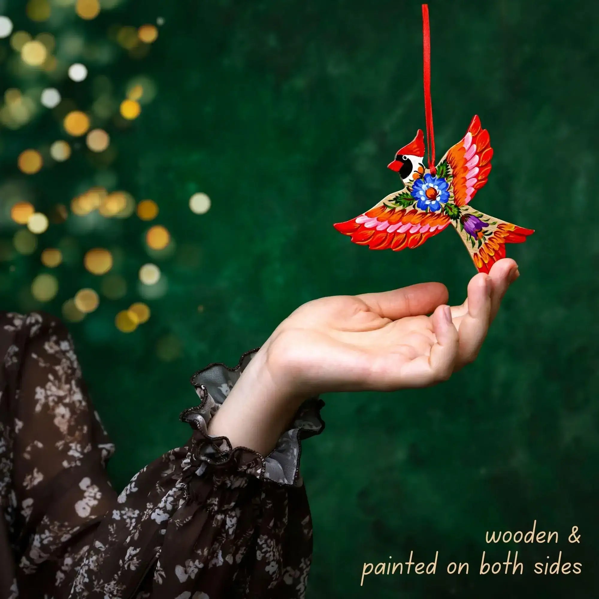 Cardinal Christmas Ornament - Hand-painted Wooden Bird Tree Decoration with Ukrainian Petrykivka Folk Art