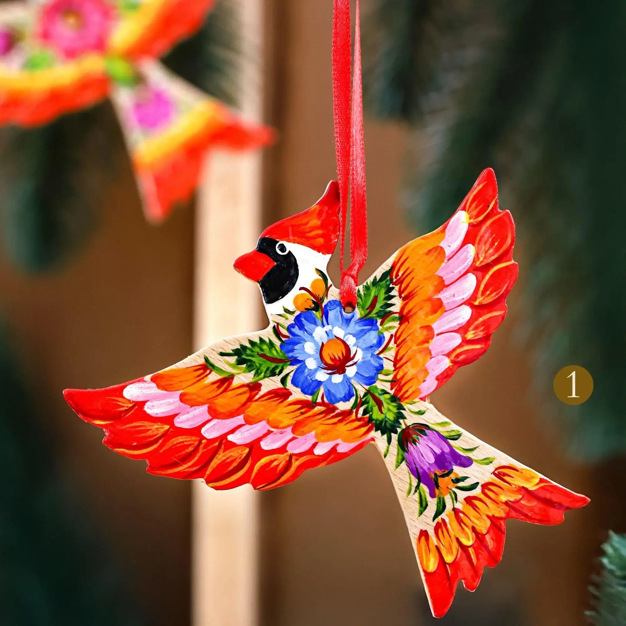 Cardinal Christmas Ornament - Hand-painted Wooden Bird Tree Decoration with Ukrainian Petrykivka Folk Art