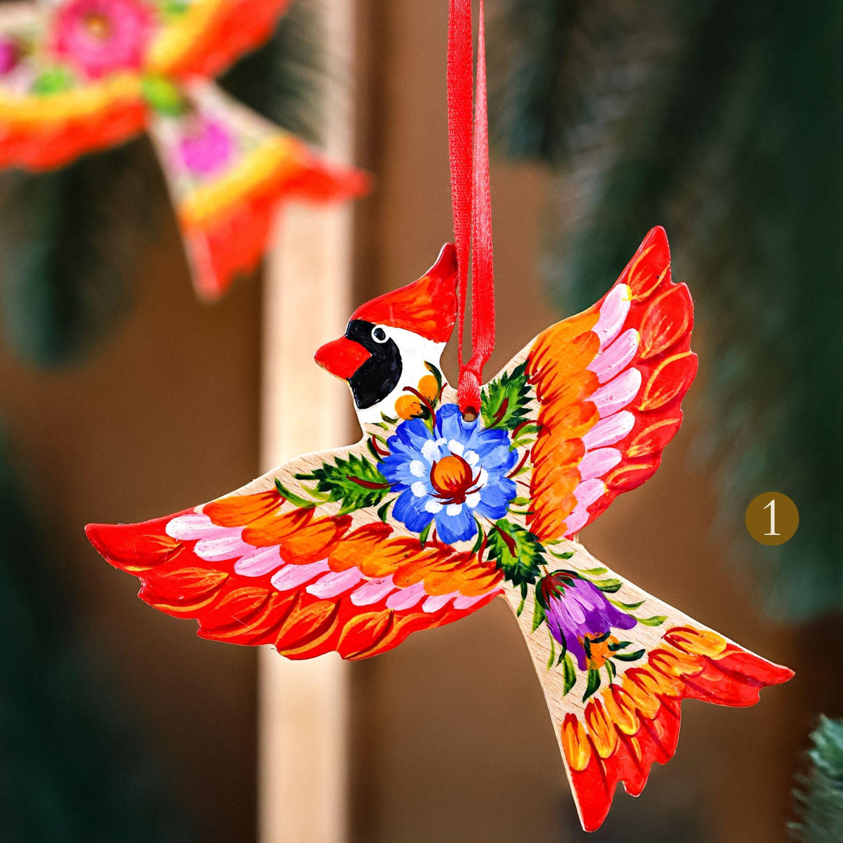 Painted Cardinal Christmas Ornament - Handmade Wooden Bird Tree Decoration with Ukrainian Petrykivka Folk Art