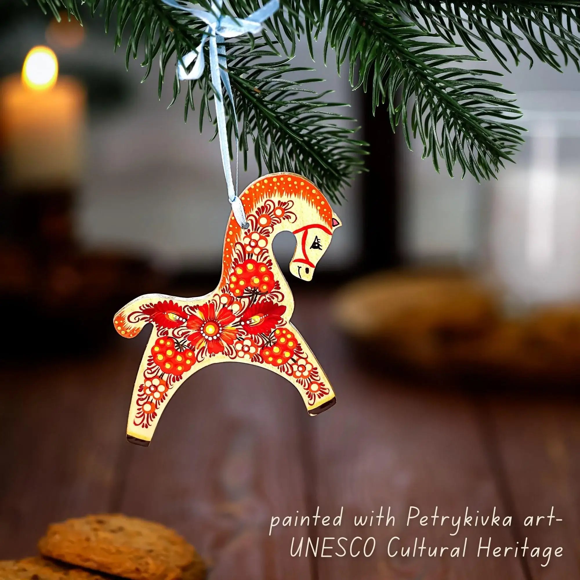 Painted Wooden Horse Christmas Ornament - Ukrainian Petrykivka Folk Art Tree Decoration, Personalized Gift