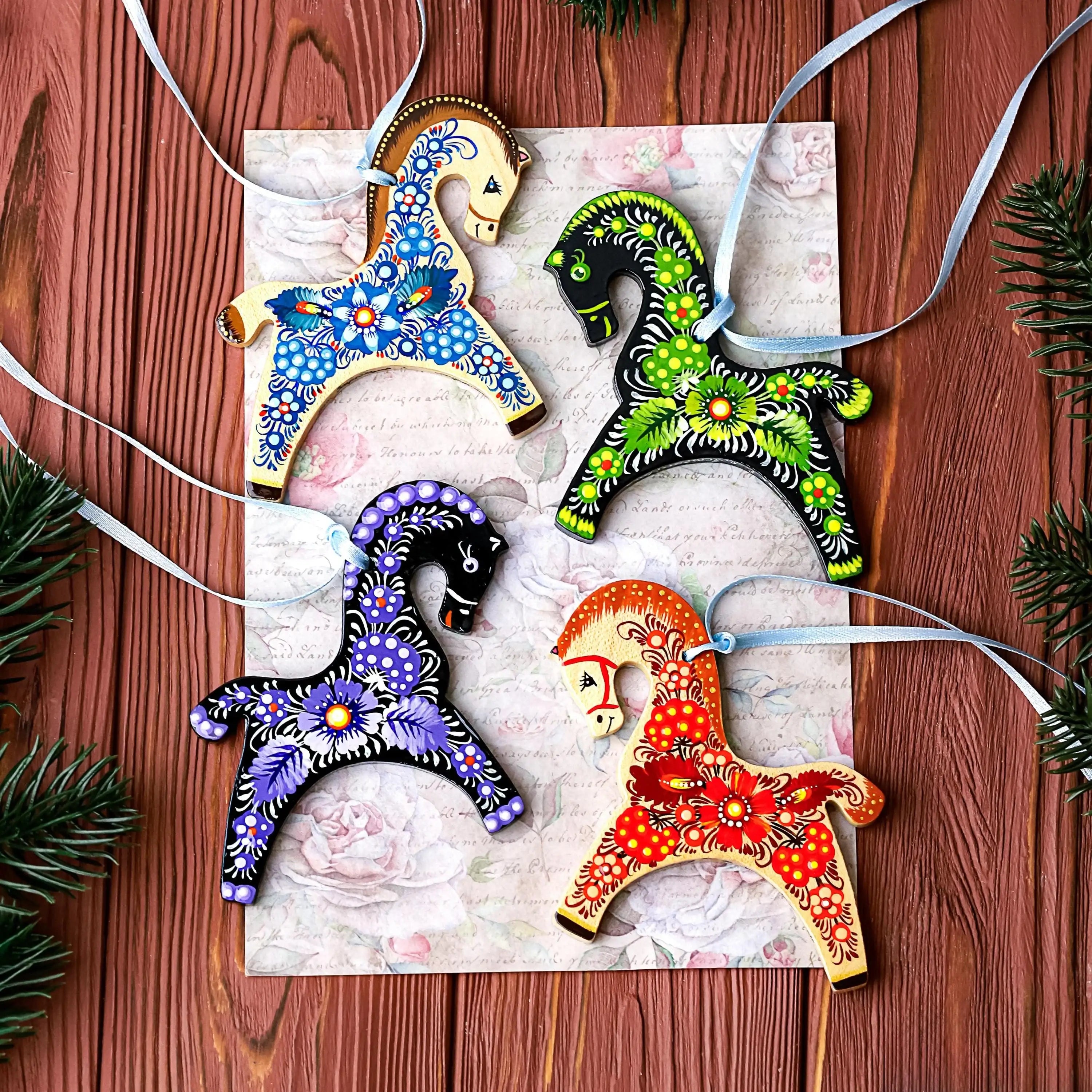 Painted Wooden Horse Christmas Ornament - Ukrainian Petrykivka Folk Art Tree Decoration, Personalized Gift