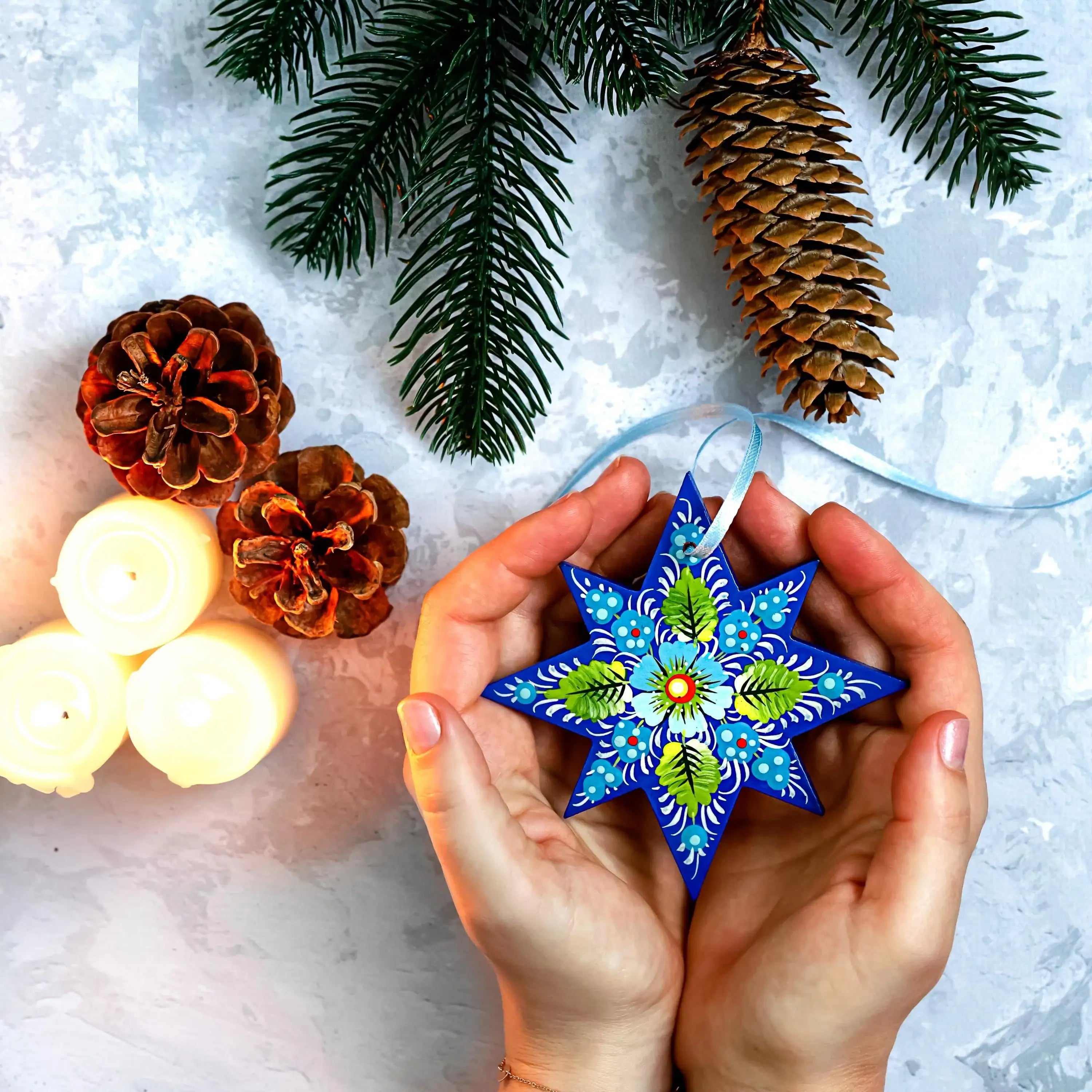 Painted Wooden Star Christmas Ornament - Ukrainian Petrykivka Folk Art Tree Decoration, Personalized Gift