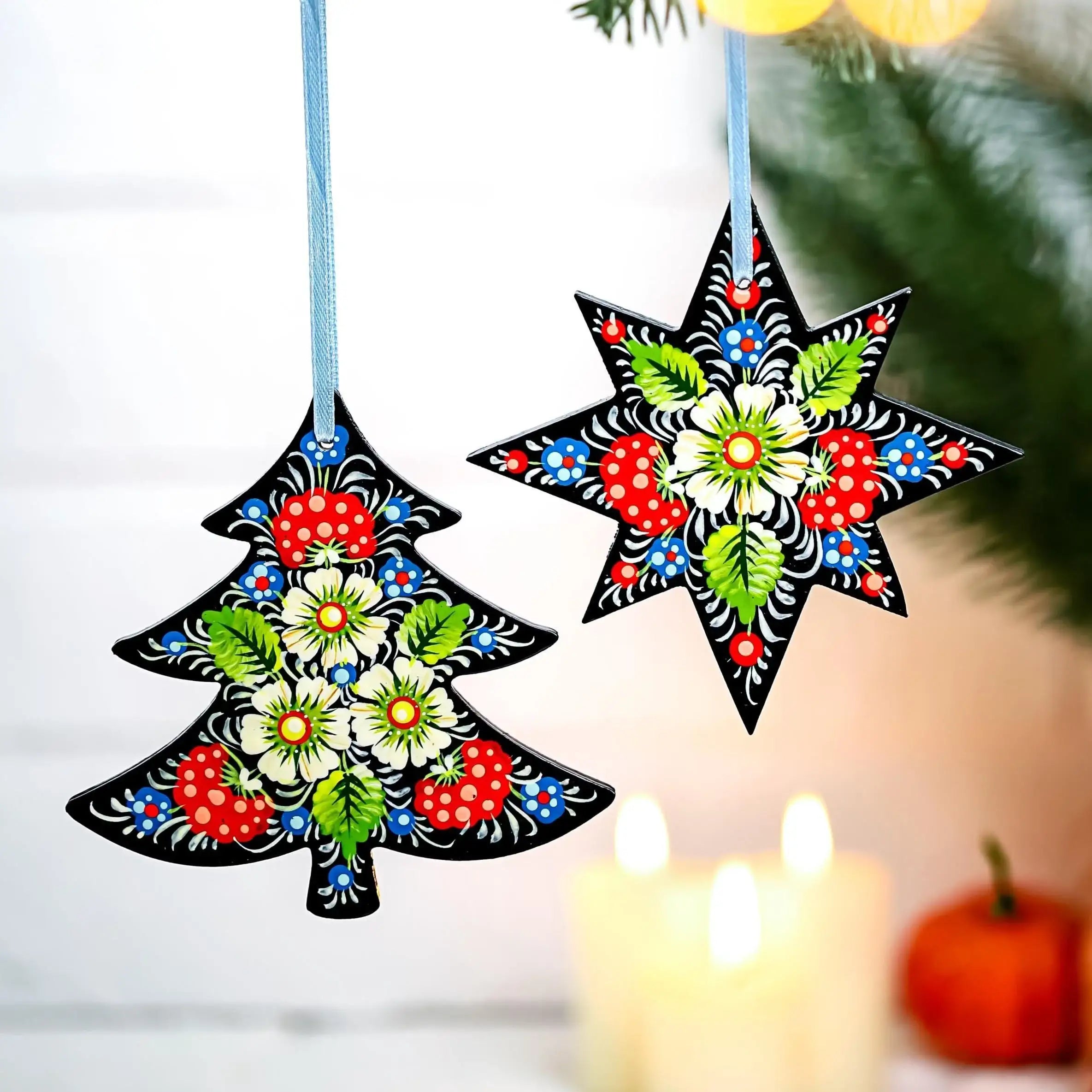 Painted Wooden Tree-Shaped Christmas Ornament - Ukrainian Petrykivka Folk Art Tree Decoration, Personalized Gift