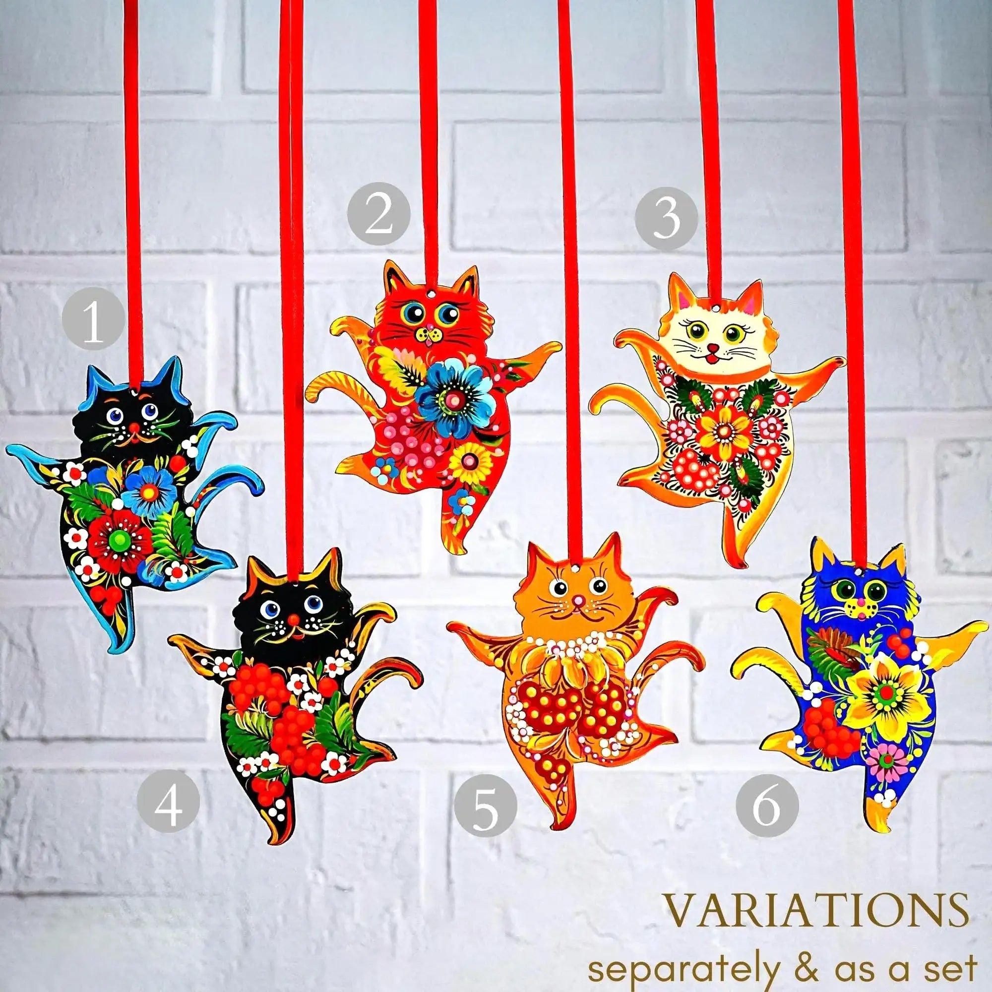 Personalized Painted Wooden Dancing Cat Christmas Ornament - Ukrainian Petrykivka Folk Art Christmas Decoration