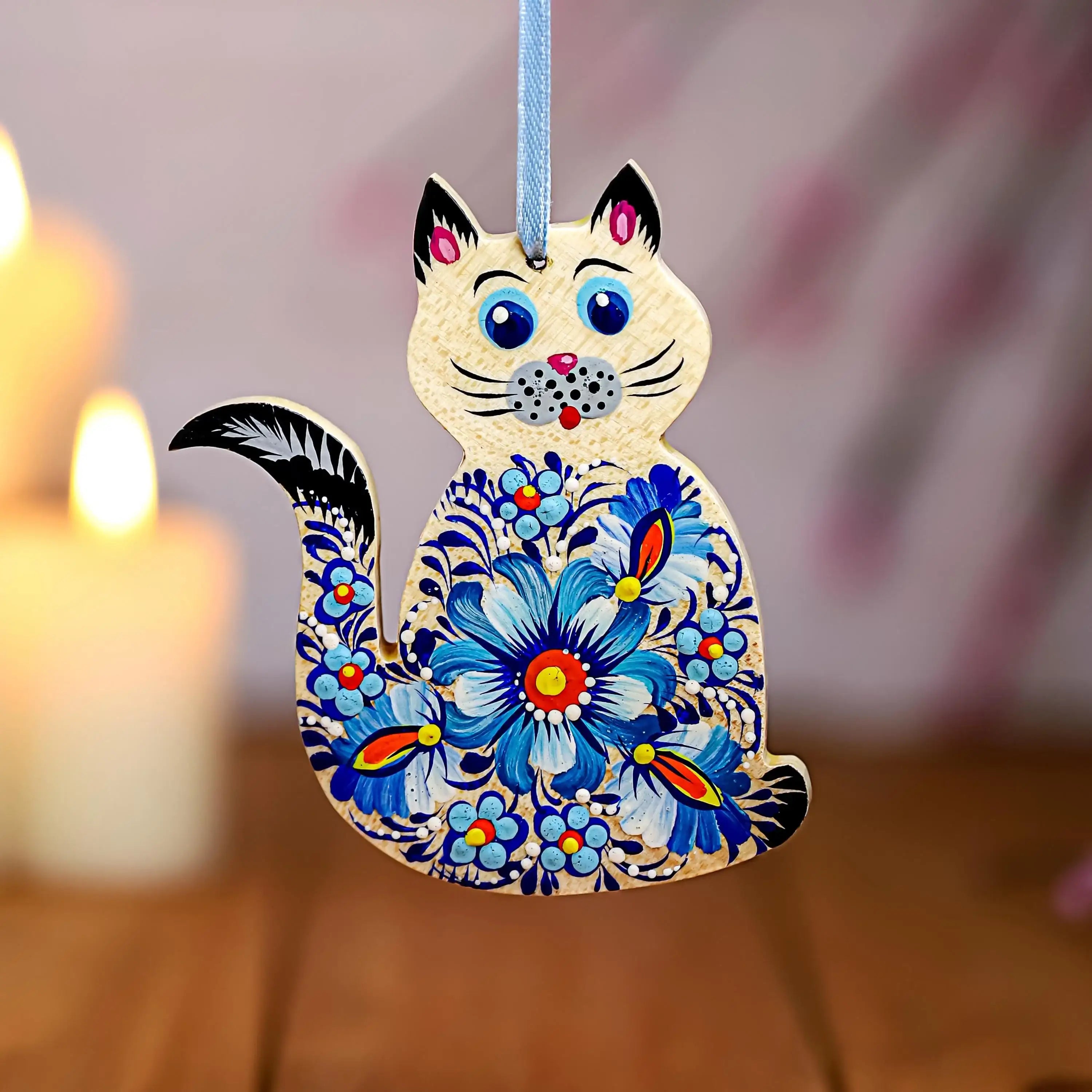 Personalized Painted Wooden Cat Ornament - Ukrainian Petrykivka Folk Art Christmas Tree Decoration