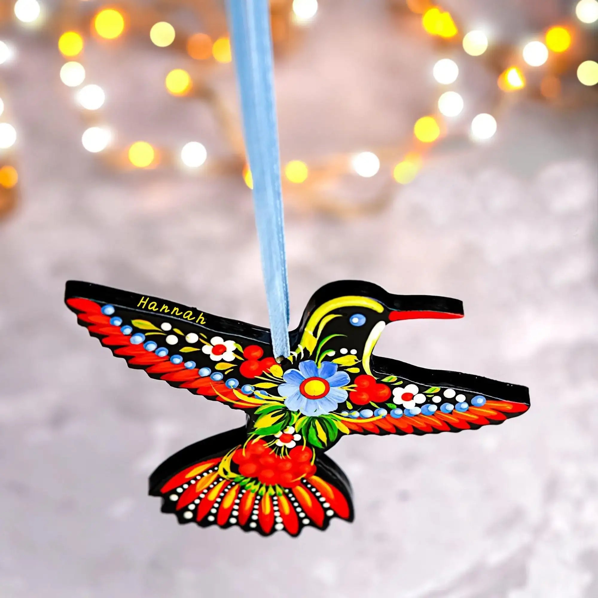 Personalized Painted Wooden Hummingbird Christmas Ornament - Ukrainian Petrykivka Folk Art Christmas Decoration
