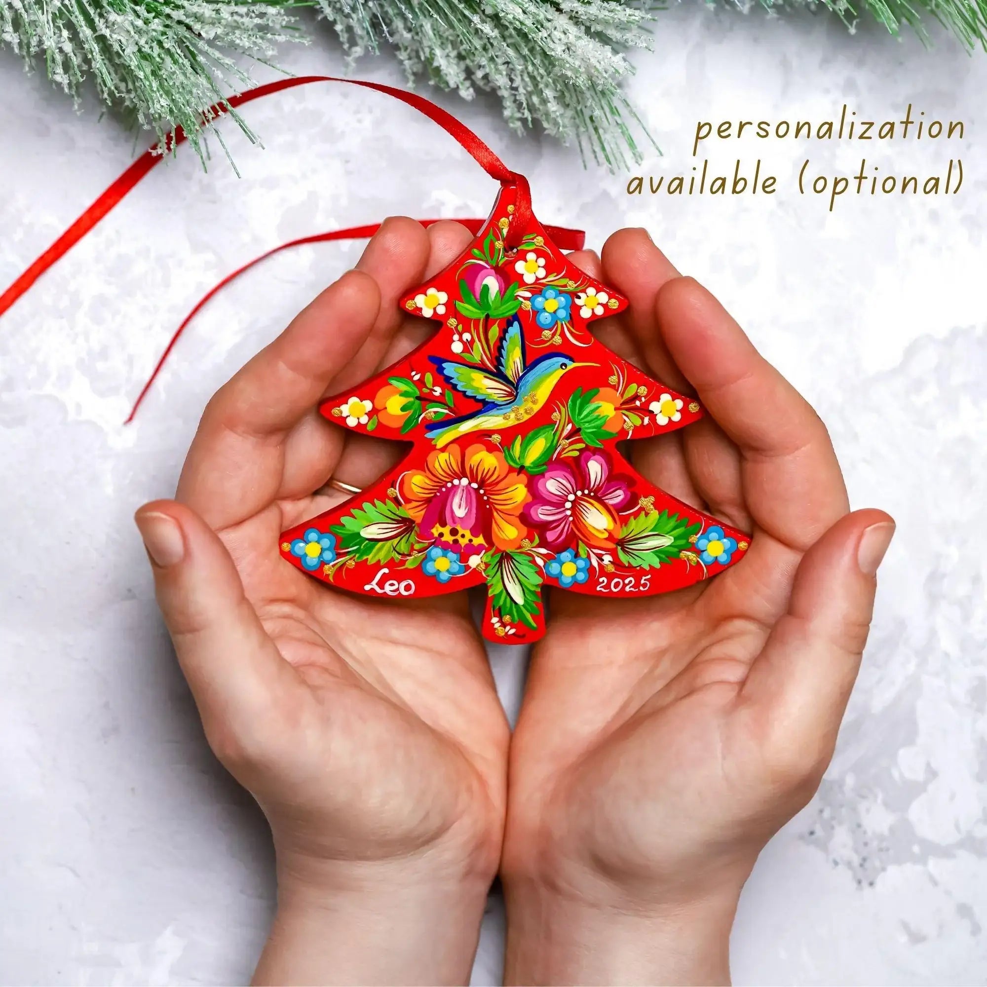 Painted Wooden Hummingbird Christmas Ornament - Red Flower Christmas Tree with Ukrainian Petrykivka Folk Art, Personalized Gift