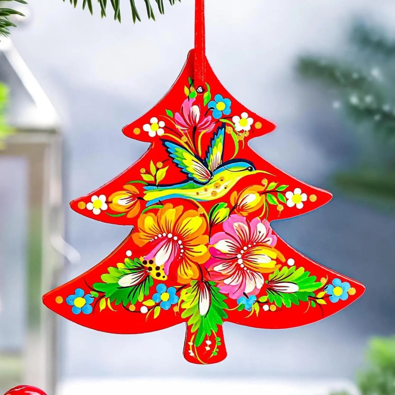 Personalized Wooden Hummingbird Ornament - Painted Red Flower Christmas Tree with Ukrainian Petrykivka Folk Art, Personalized Gift