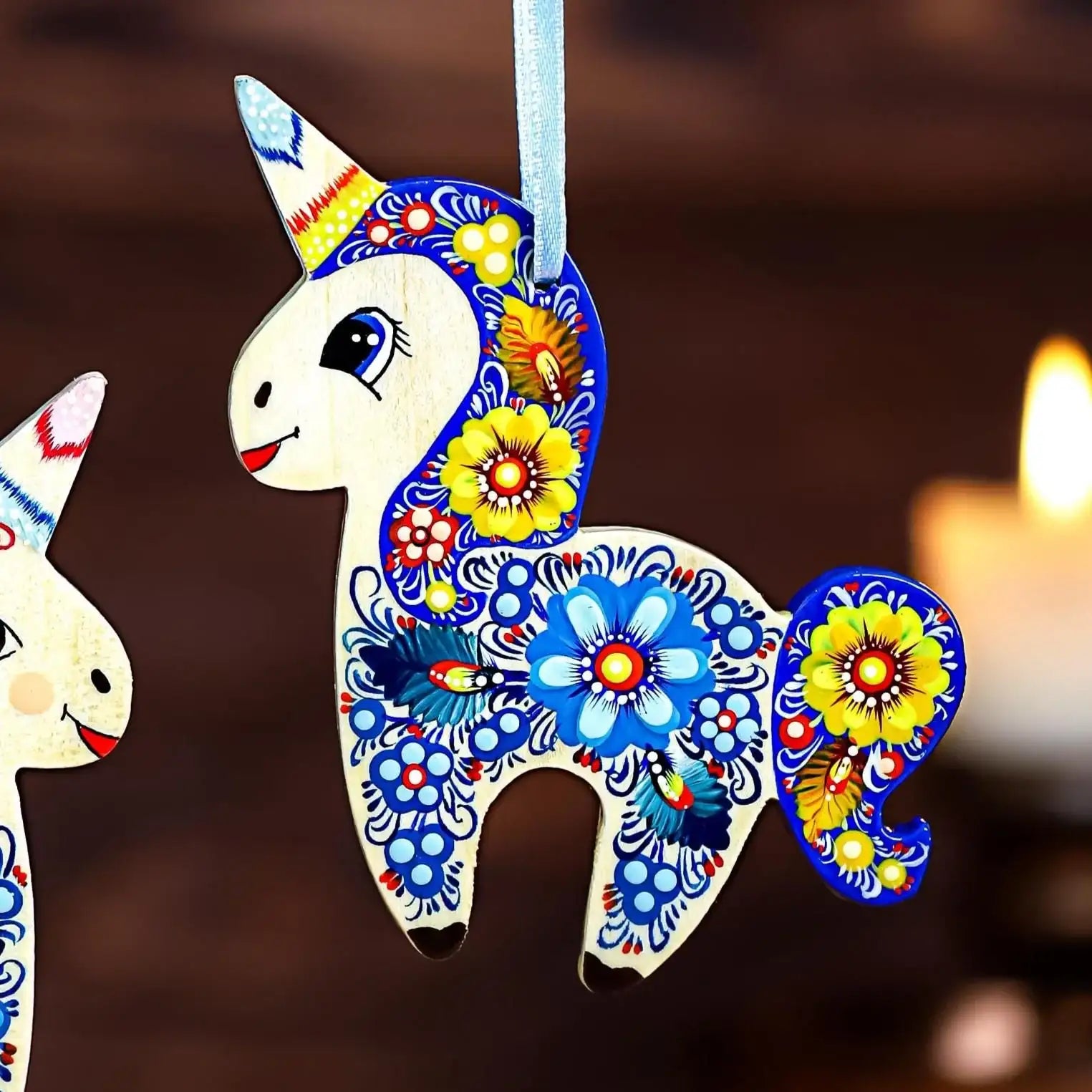 Painted Wooden Unicorn Ornament - Handmade Christmas Tree Decoration with Ukrainian Petrykivka Folk Art, Personalized Gift