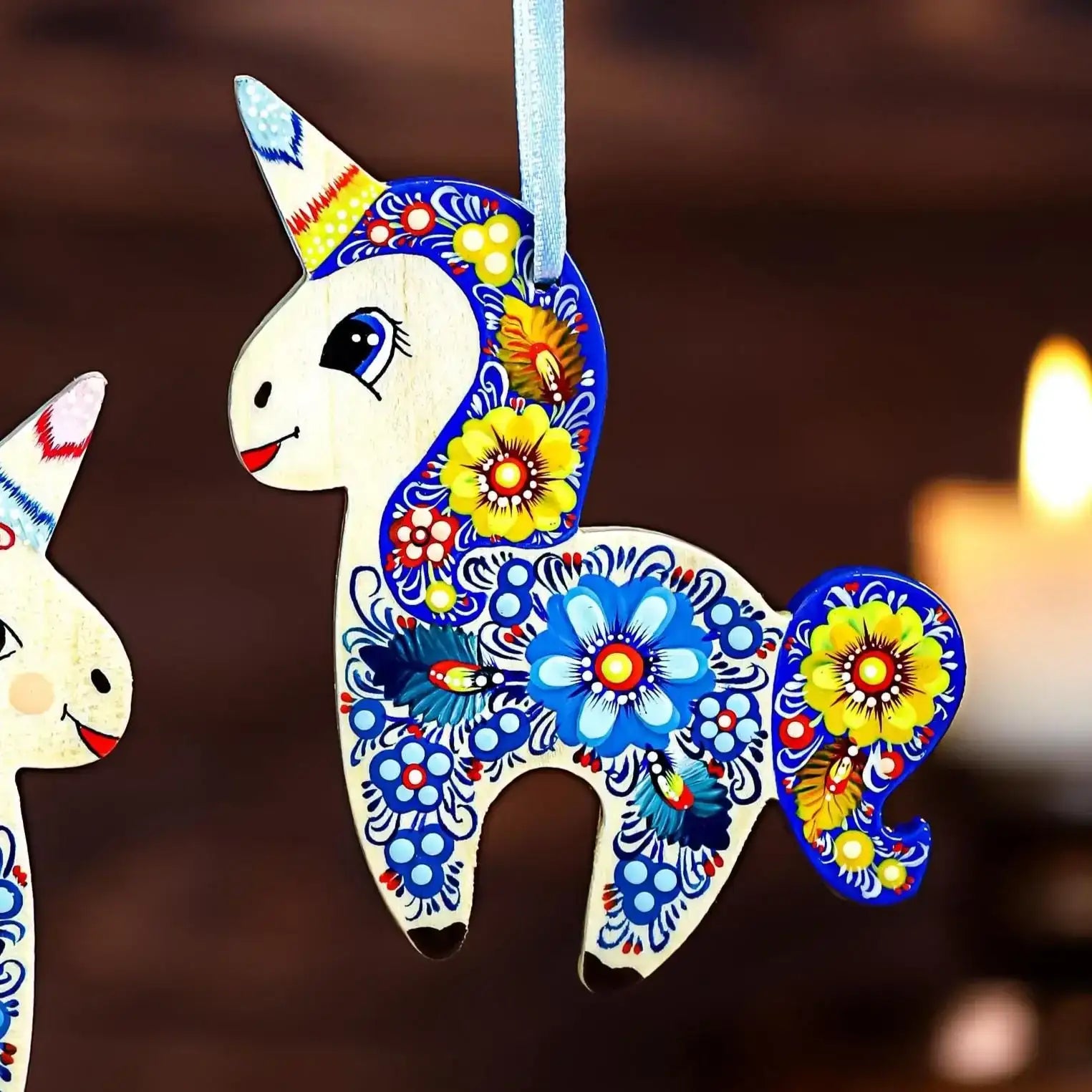 Painted Wooden Unicorn Ornament - Handmade Christmas Tree Decoration with Ukrainian Petrykivka Folk Art, Personalized Gift