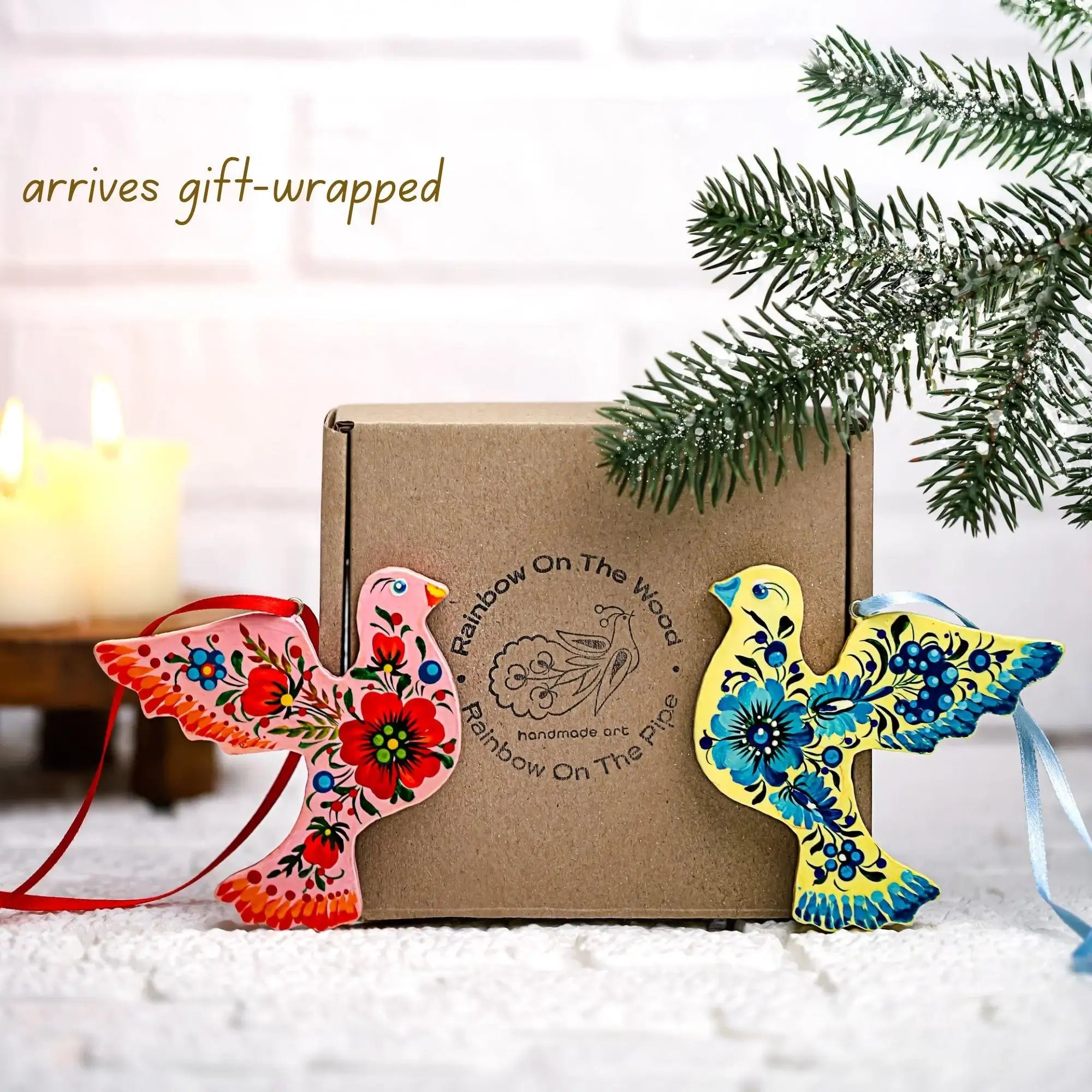 Set of 2 Wooden Doves Christmas Ornaments - Christmas Tree Bird Decorations with Ukrainian Petrykivka Folk Art, Personalized Gift