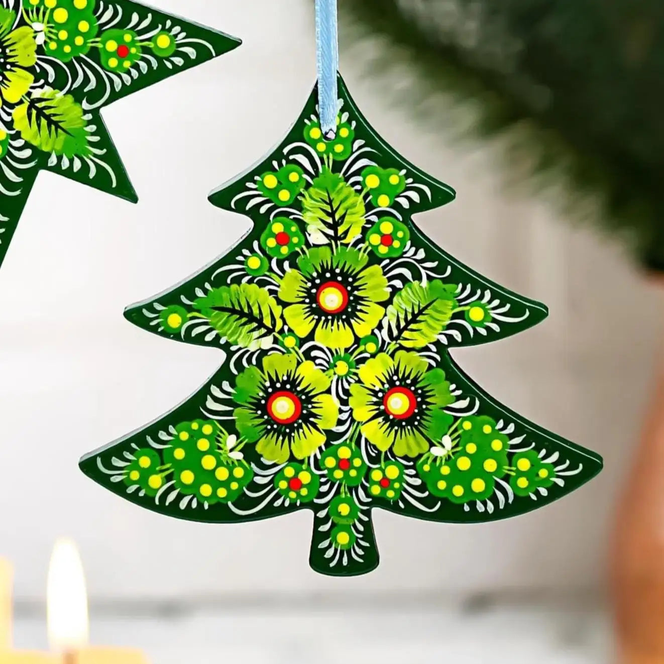 Painted Wooden Tree-Shaped Christmas Ornament - Handmade Ukrainian Petrykivka Folk Art Tree Decoration, Personalized Gift