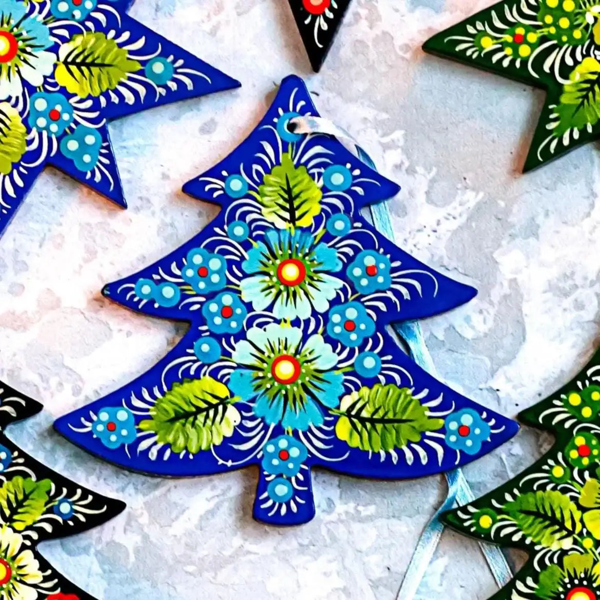 Painted Wooden Tree-Shaped Christmas Ornament - Handmade Ukrainian Petrykivka Folk Art Tree Decoration, Personalized Gift