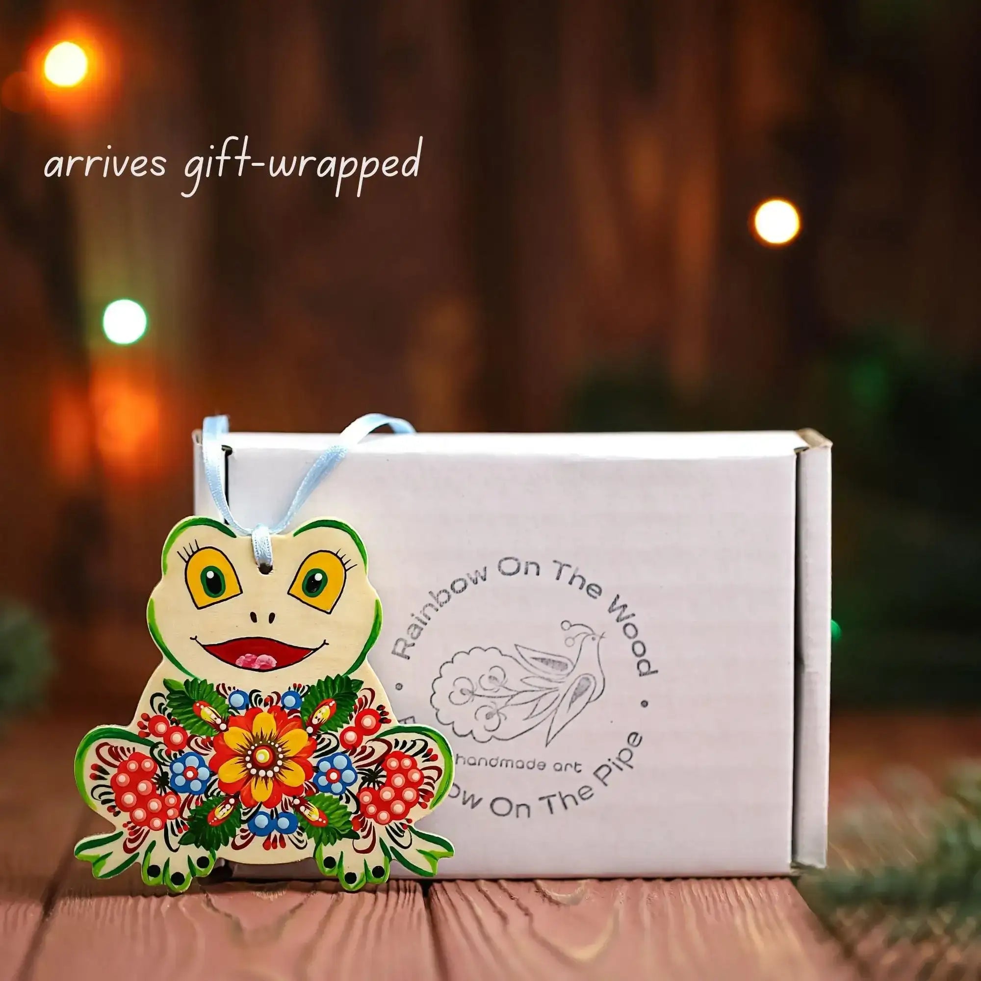 Hand-painted Wooden Frog Christmas Ornament - Ukrainian Petrykivka Folk Art Tree Decoration