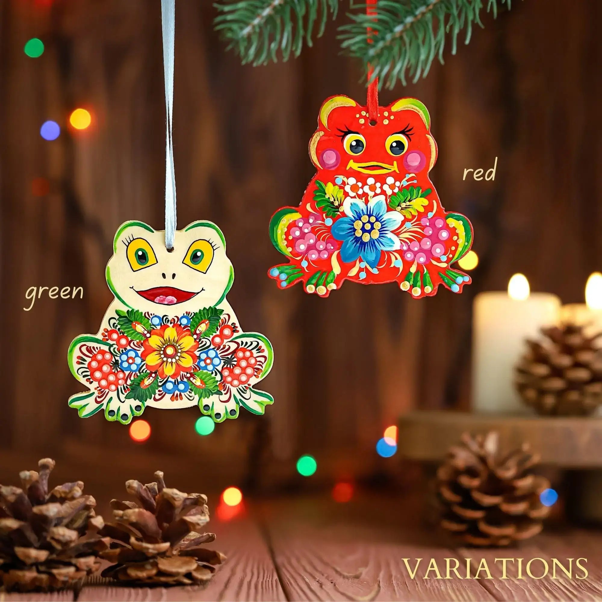 Hand-painted Wooden Frog Christmas Ornament - Ukrainian Petrykivka Folk Art Tree Decoration