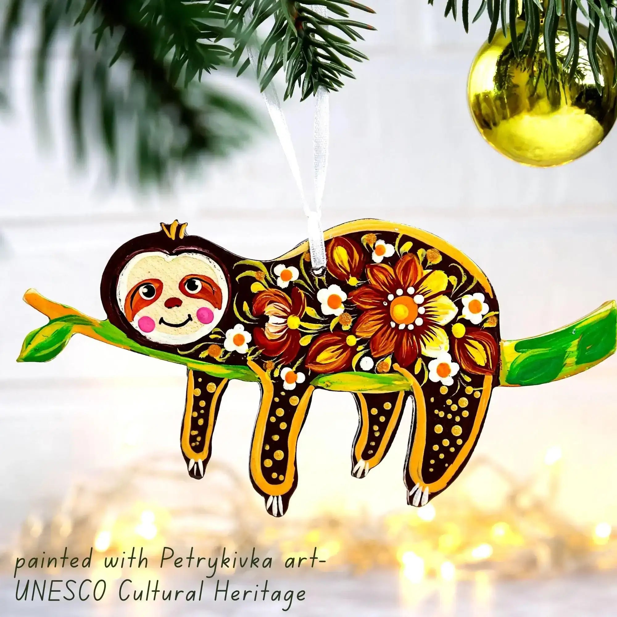 Hand-painted Wooden Sloth Christmas Ornament - Ukrainian Petrykivka Folk Art Tree Decoration, Personalized Gift