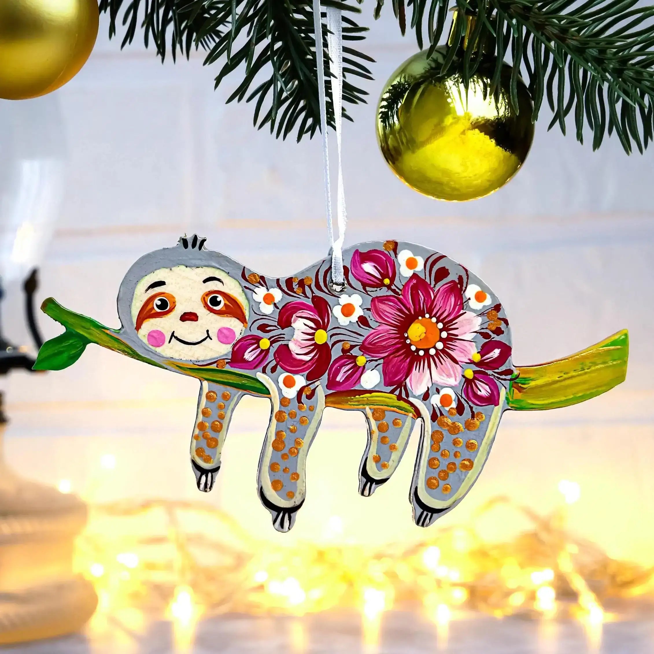 Hand-painted Wooden Sloth Christmas Ornament with Pink & Gray Flowers - Ukrainian Petrykivka Folk Art Tree Decoration, Personalized Gift
