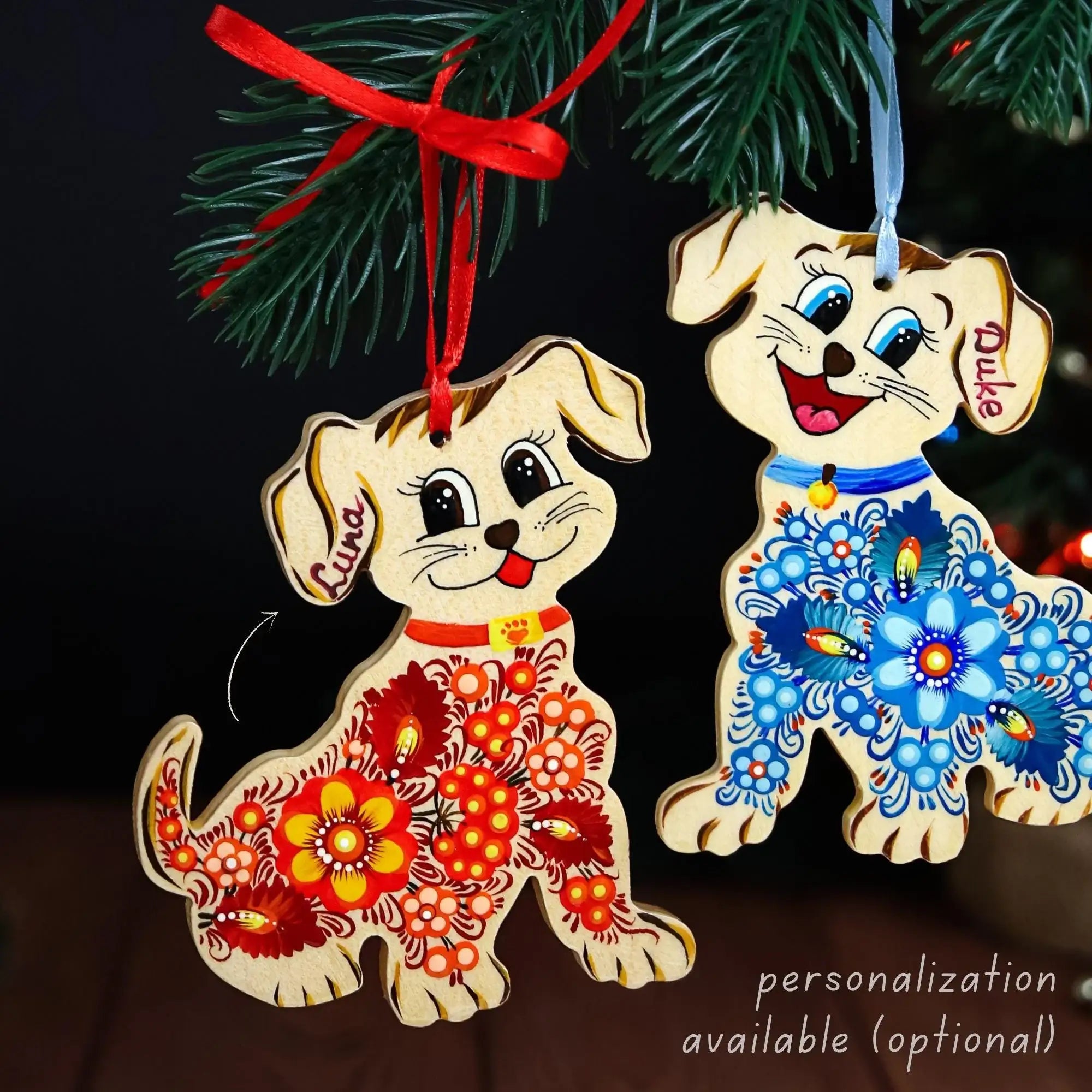 Painted Wooden Dog Christmas Ornament - Ukrainian Petrykivka Folk Art Christmas Tree Decoration, Personalized Gift