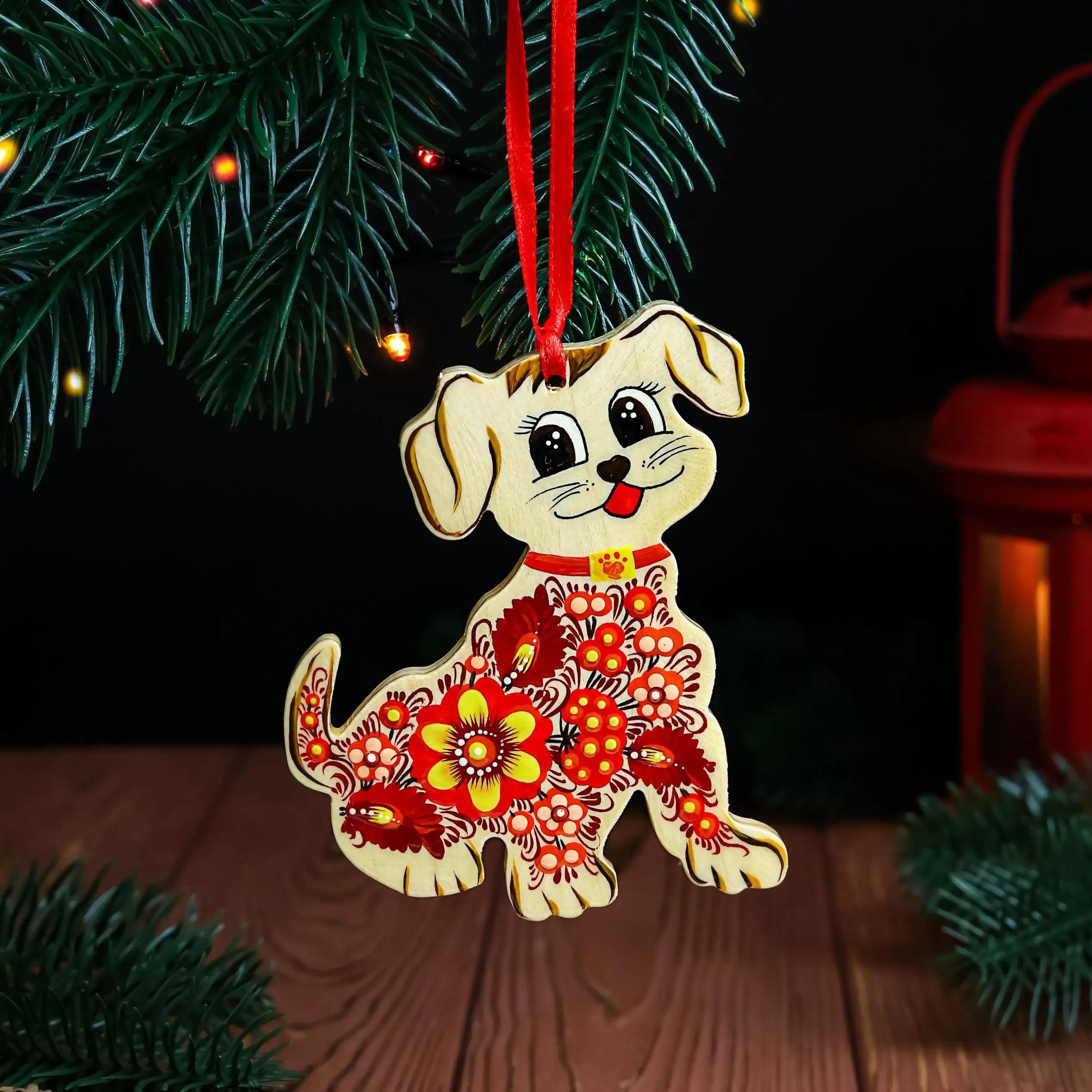Painted Wooden Dog Christmas Ornament - Ukrainian Petrykivka Folk Art Christmas Tree Decoration, Personalized Gift