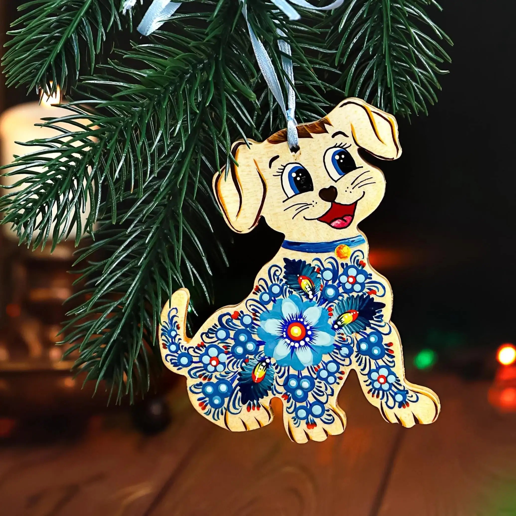 Painted Wooden Dog Christmas Ornament - Ukrainian Petrykivka Folk Art Christmas Tree Decoration, Personalized Gift