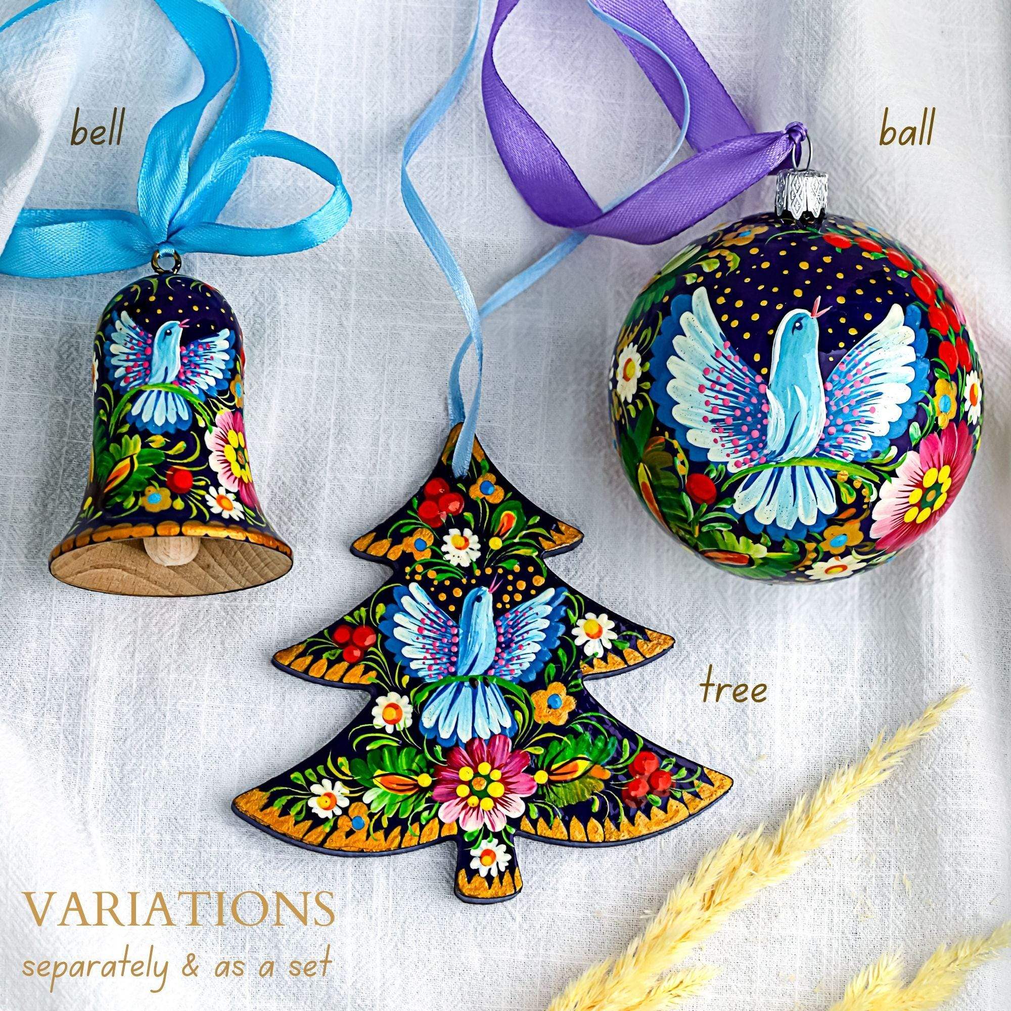 Personalized Dove Christmas Ball Ornament 3.14 in - Hand-painted Ukrainian Petrykivka Folk Art Tree Decoration