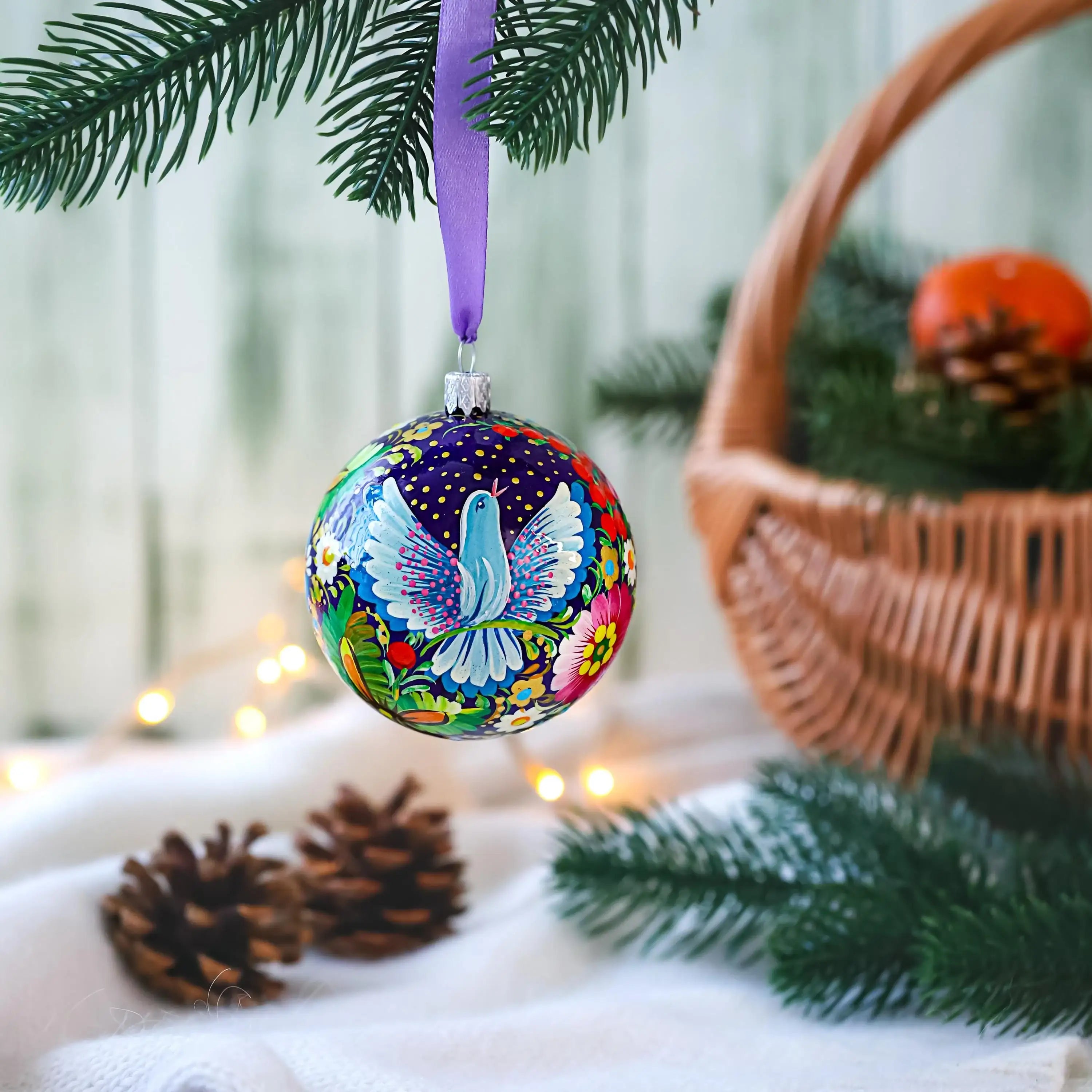 Personalized Dove Christmas Ball Ornament 3.14 in - Hand-painted Ukrainian Petrykivka Folk Art Tree Decoration