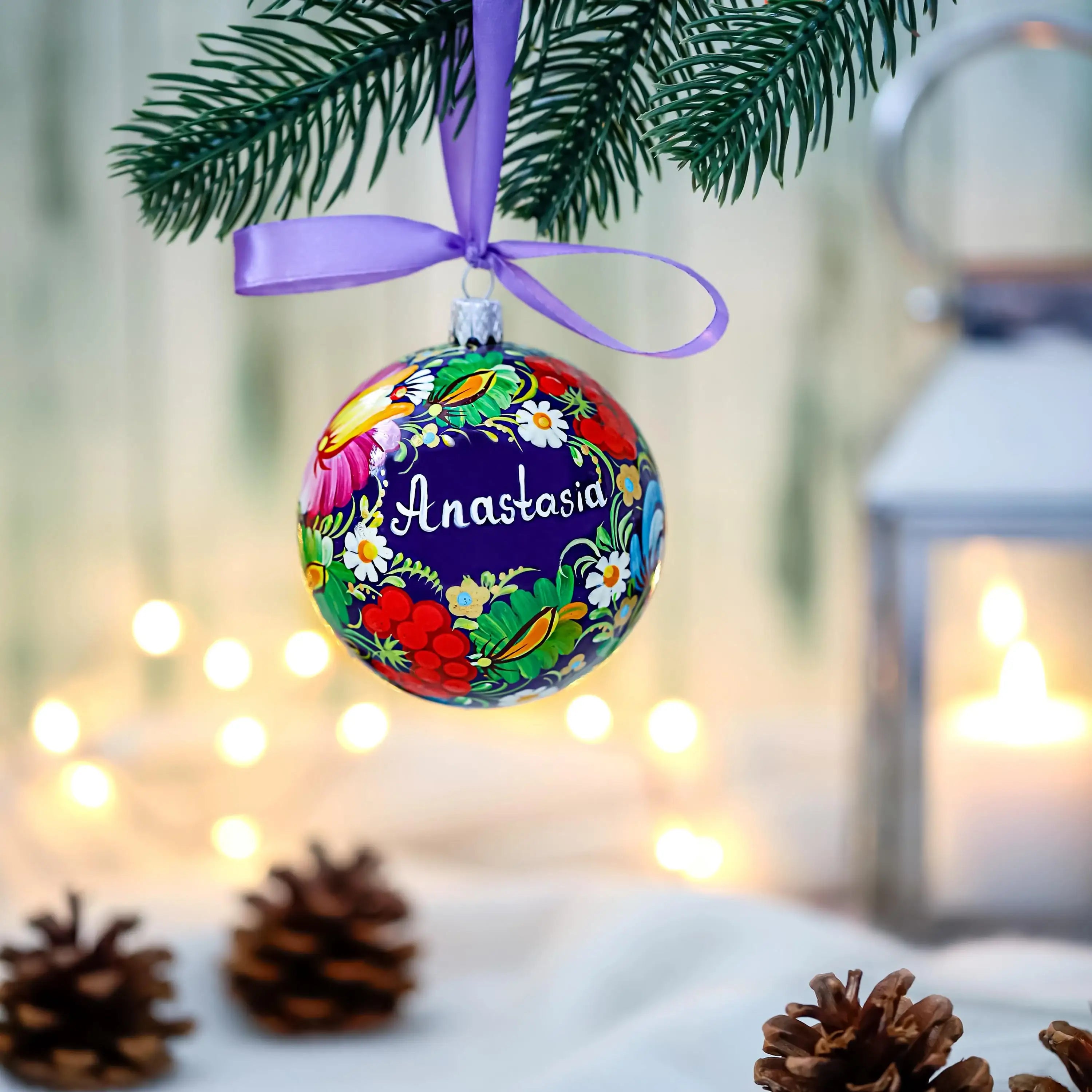 Personalized Dove Christmas Ornament - Painted Wooden Christmas Tree-shaped Decoration with Ukrainian Petrykivka Folk Art