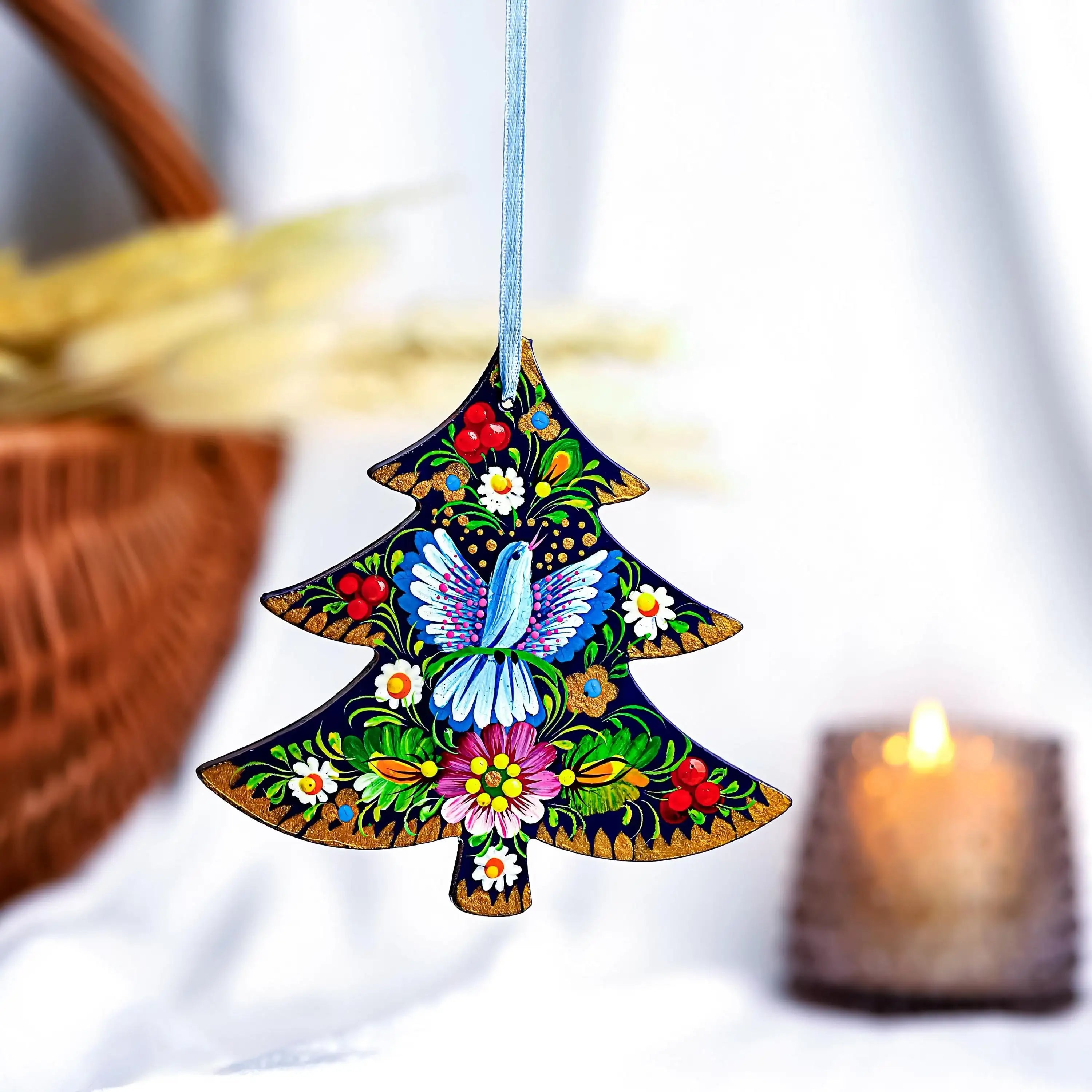 Personalized Dove Christmas Ornament - Painted Wooden Christmas Tree-shaped Decoration with Ukrainian Petrykivka Folk Art