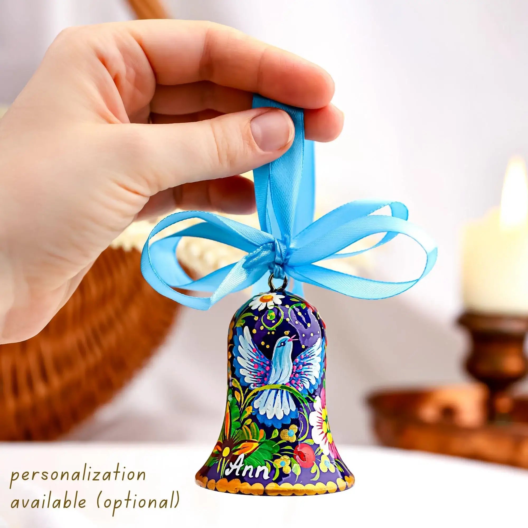 Personalized Dove Christmas Bell Ornament - Painted Wooden Christmas Bell Decoration with Ukrainian Petrykivka Folk Art