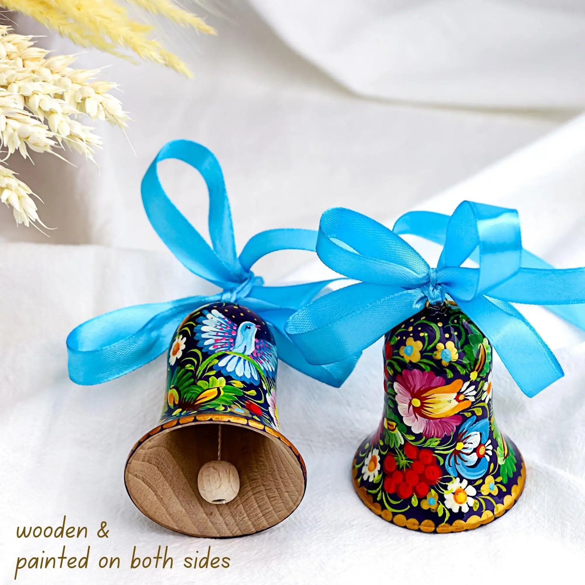 Personalized Dove Christmas Bell Ornament - Painted Wooden Christmas Bell Decoration with Ukrainian Petrykivka Folk Art