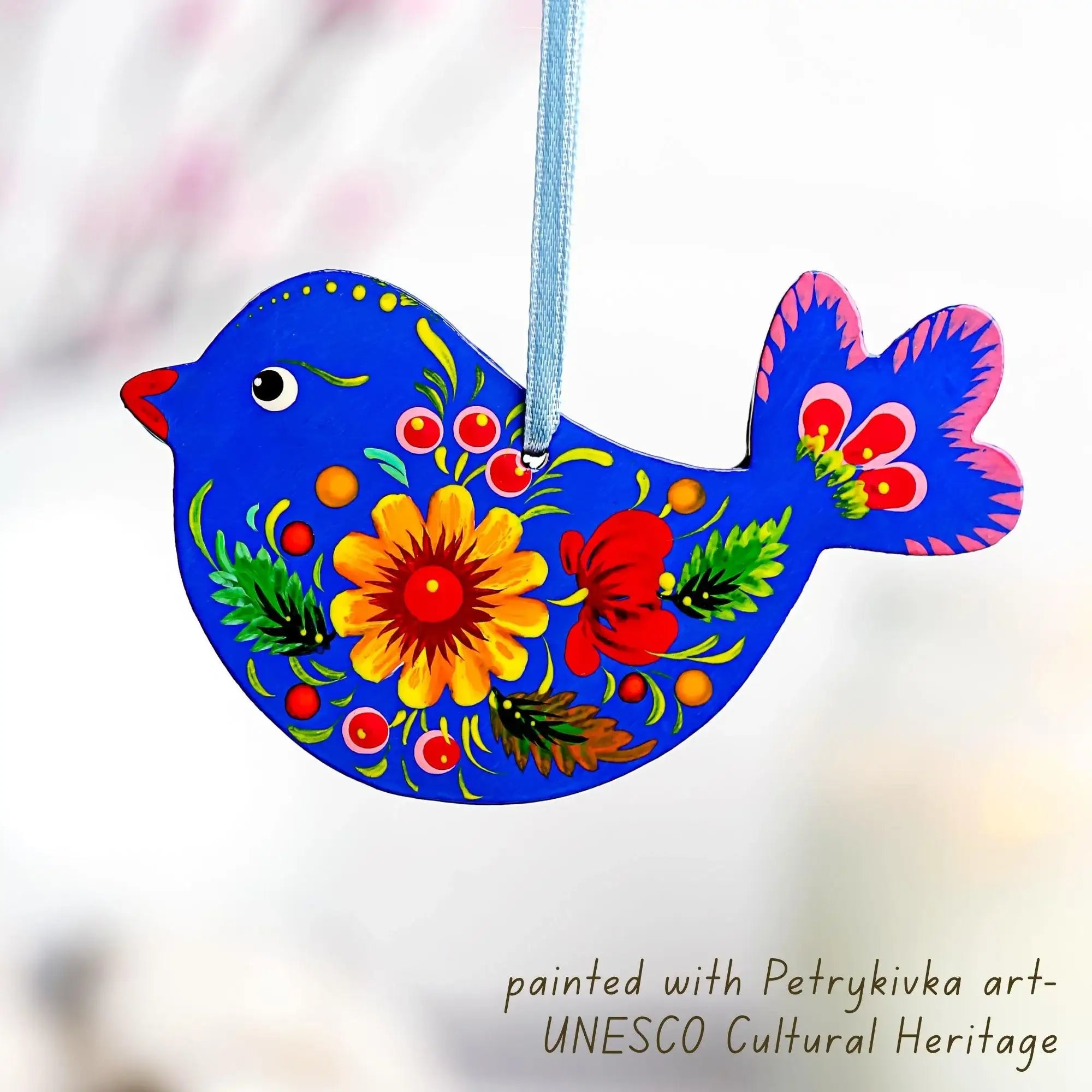 Painted Wooden Bird Christmas Ornament - Personalized Chickadee with Ukrainian Petrykivka Folk Art
