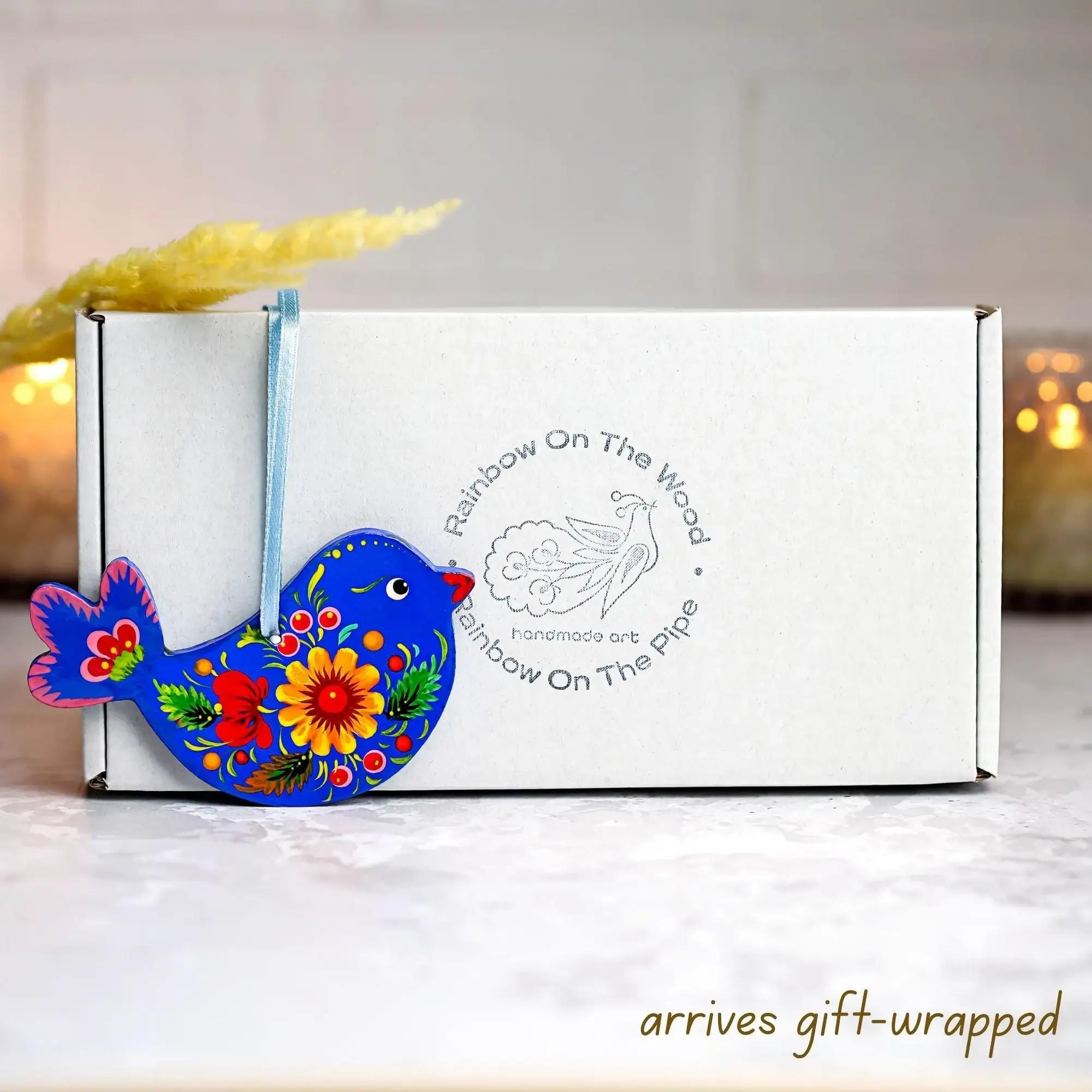 Painted Wooden Bird Christmas Ornament - Personalized Chickadee with Ukrainian Petrykivka Folk Art